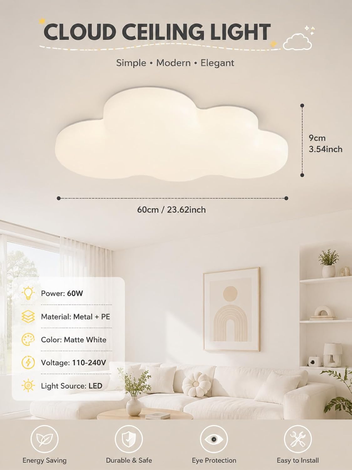 Cloud Ceiling Light, 60W Dimmable LED Flush Mount Fixure for Kids Bedroom