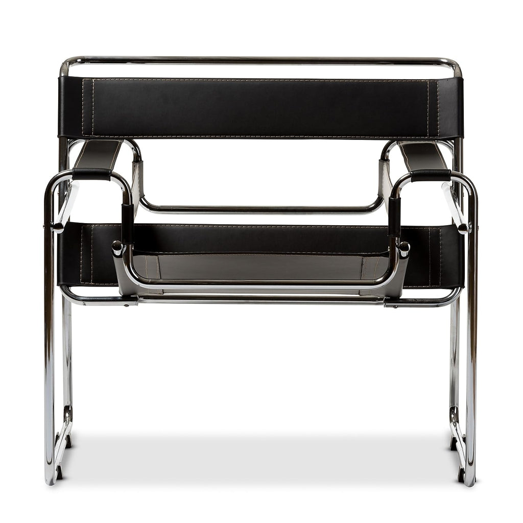 Inspired Wassily Style Mid Centry Modern Accent Chair, Steel Frame and Faux Leather, Wide Seating