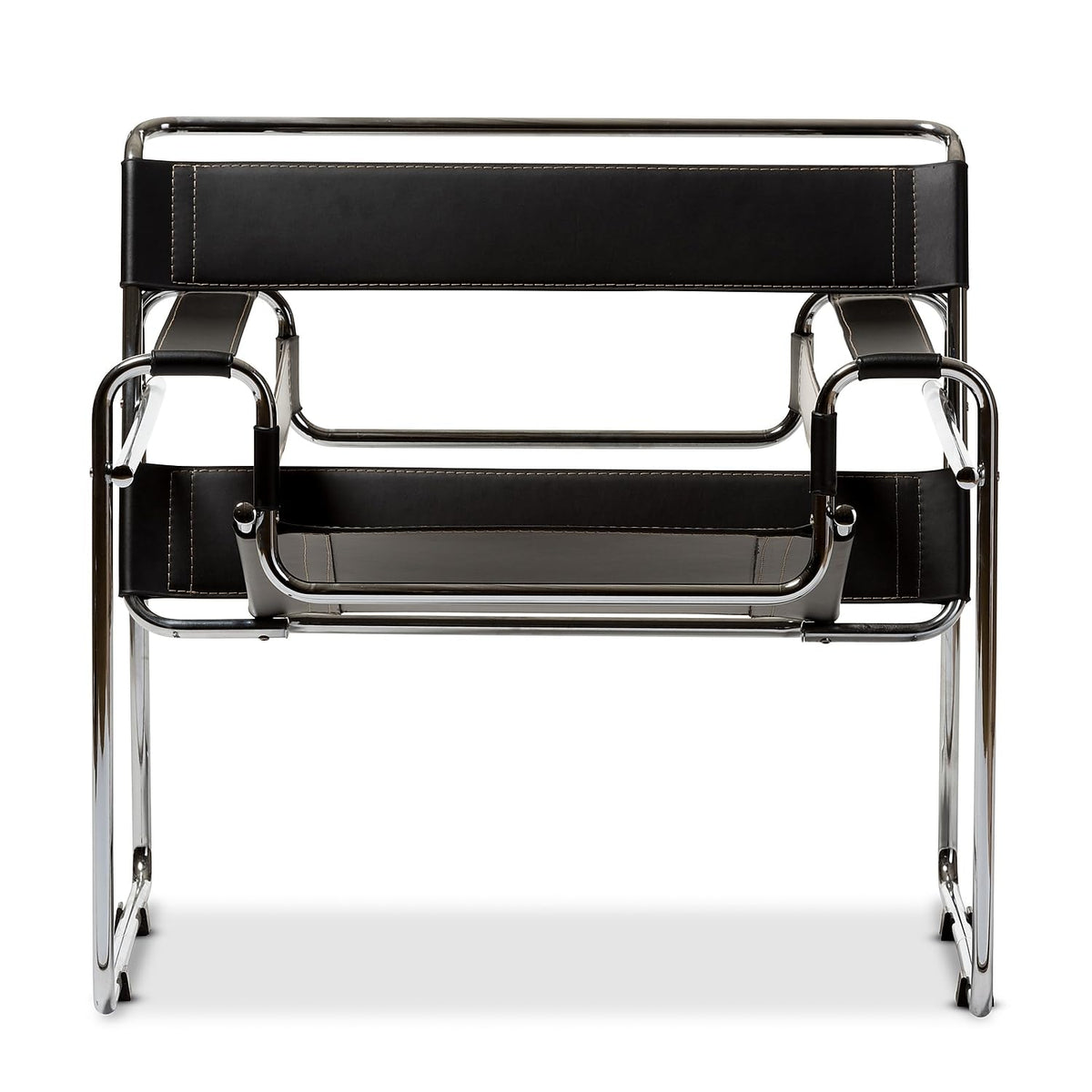 Inspired Wassily Style Mid Centry Modern Accent Chair, Steel Frame and Faux Leather, Wide Seating