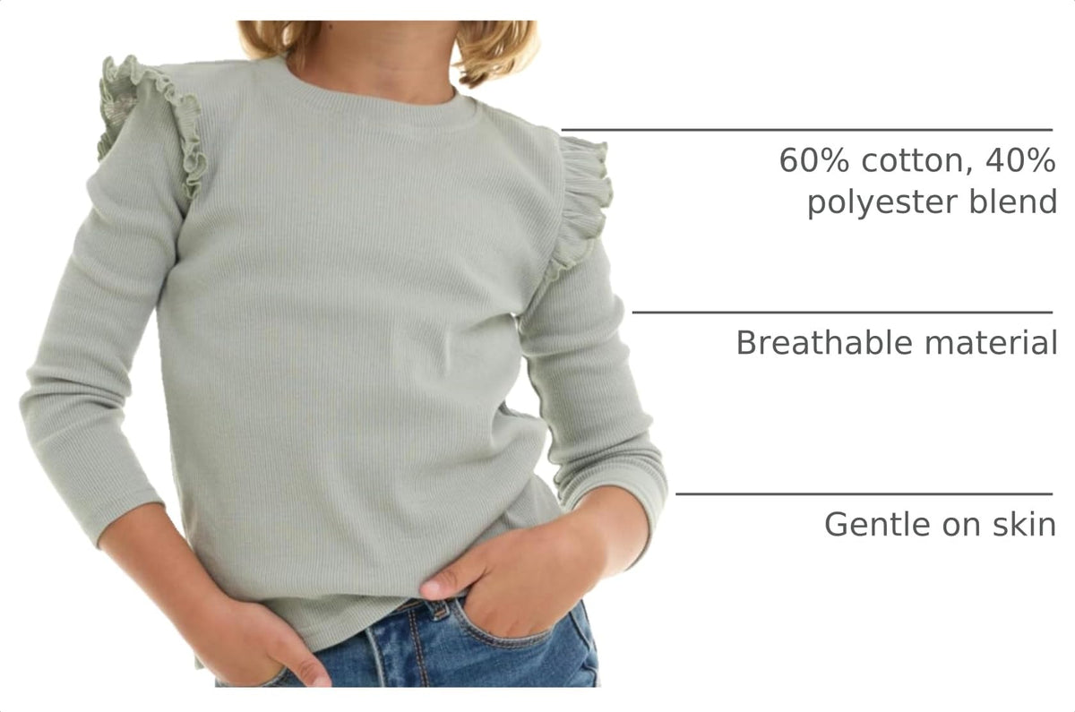 Pack Toddler Girls Ribbed Ruffle Tops - Stylish Long Sleeve Shirts for Kids -All-Day Comfort- Desert Sage, Golden