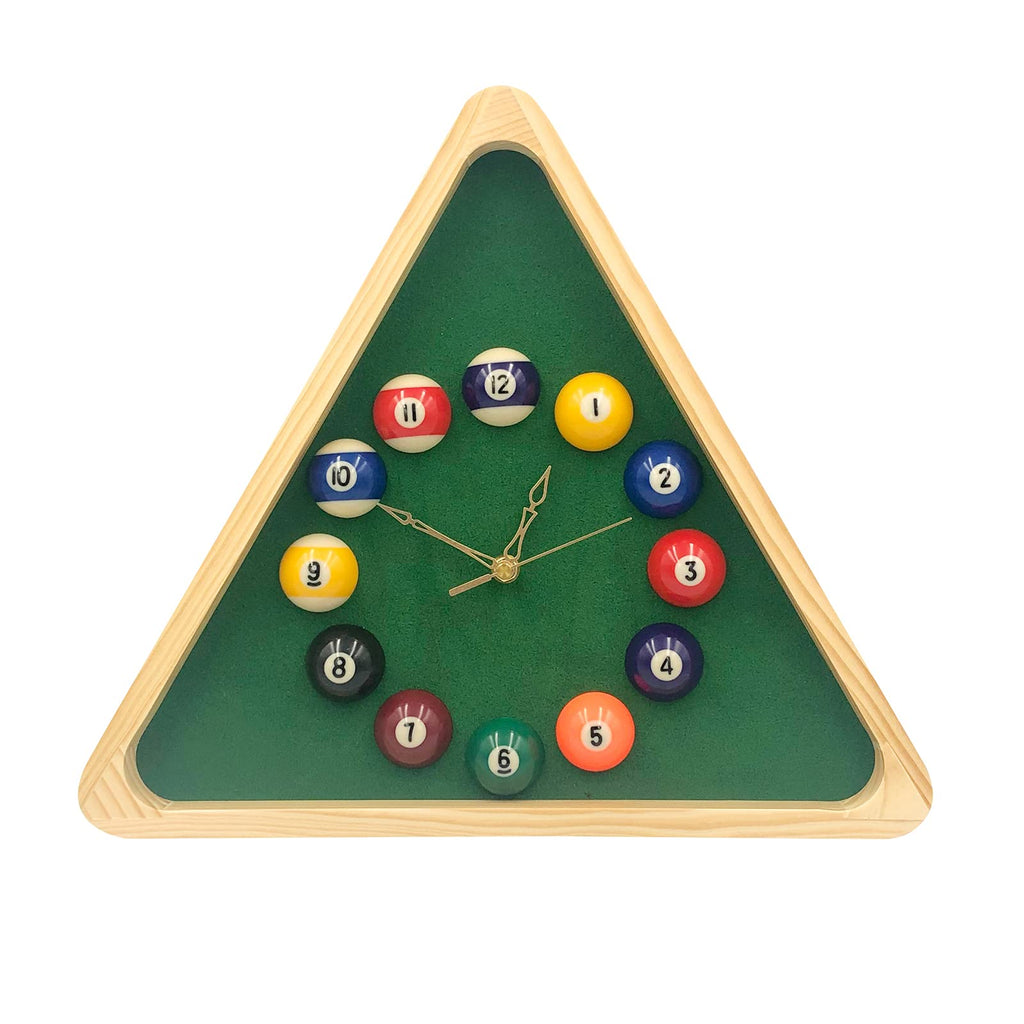 Inspired Nelson Style Billiards Pool Ball Clock - 14Inch Triangle Pool Table Cool Wall Clock with Solid Wood Frame, Great for Billiards