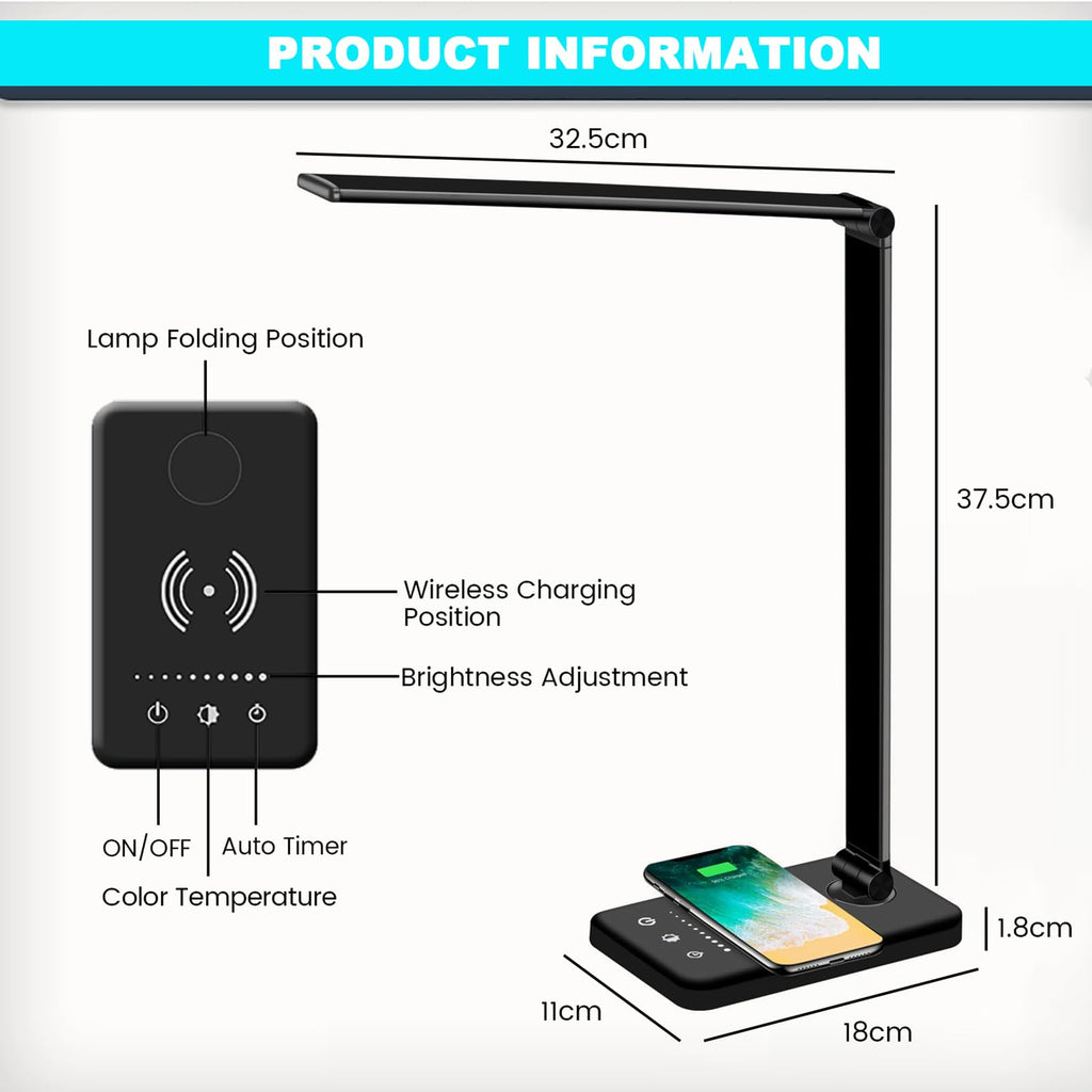 LED Desk Lamp with Wireless Charger, USB Charging Port, Eye Care