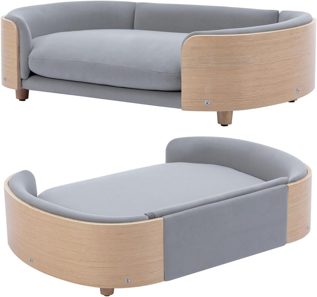 Elevated Dog Bed Pet Sofa with Solid Wood Legs and Bent Soft Backrest, Pet Cat Stool Bed with Velvet Cushion