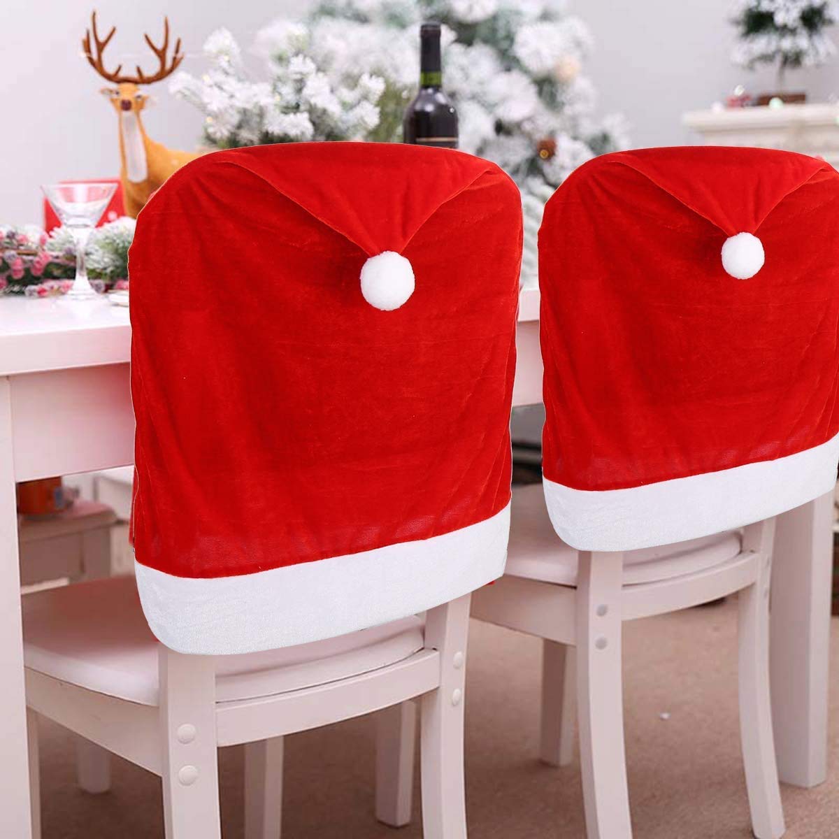 6PCS Christmas Chair Covers, Santa Claus Hat Slipcover Xmas Chair Back Cover for Christmas Dinning Room Decoration