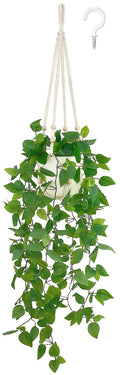Fake Hanging Plant, Macrame Hanger with Pothos Vines & Pot, Ivory