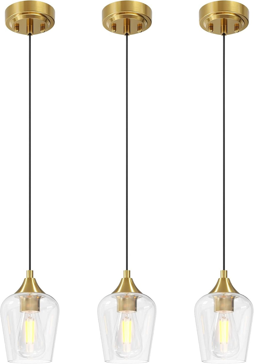 Pendant Lights Kitchen Island, Brushed Gold Pendant Light Fixtures with E26 Base & Adjustable Cable, Modern Pendant