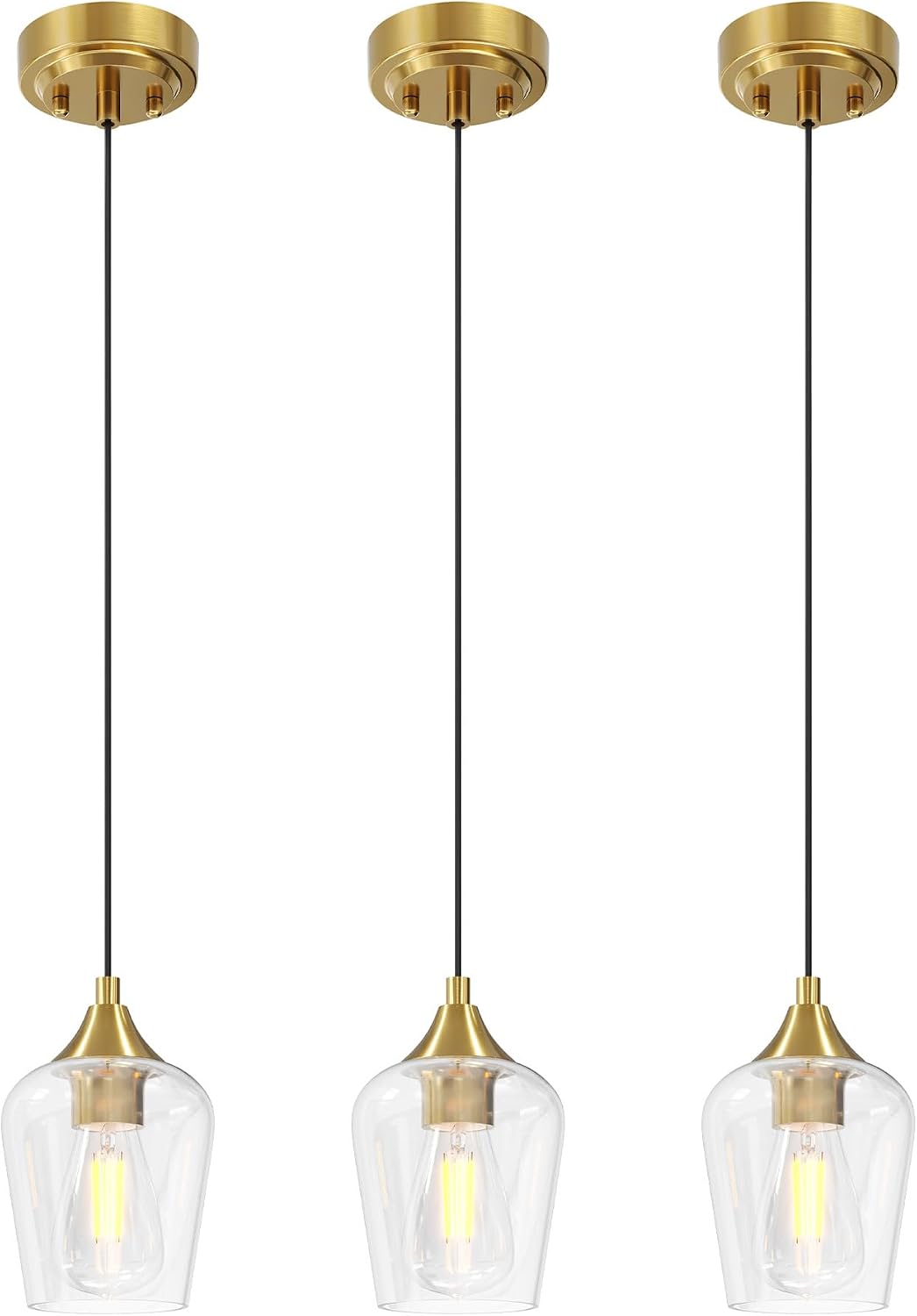 Pendant Lights Kitchen Island, Brushed Gold Pendant Light Fixtures with E26 Base & Adjustable Cable, Modern Pendant