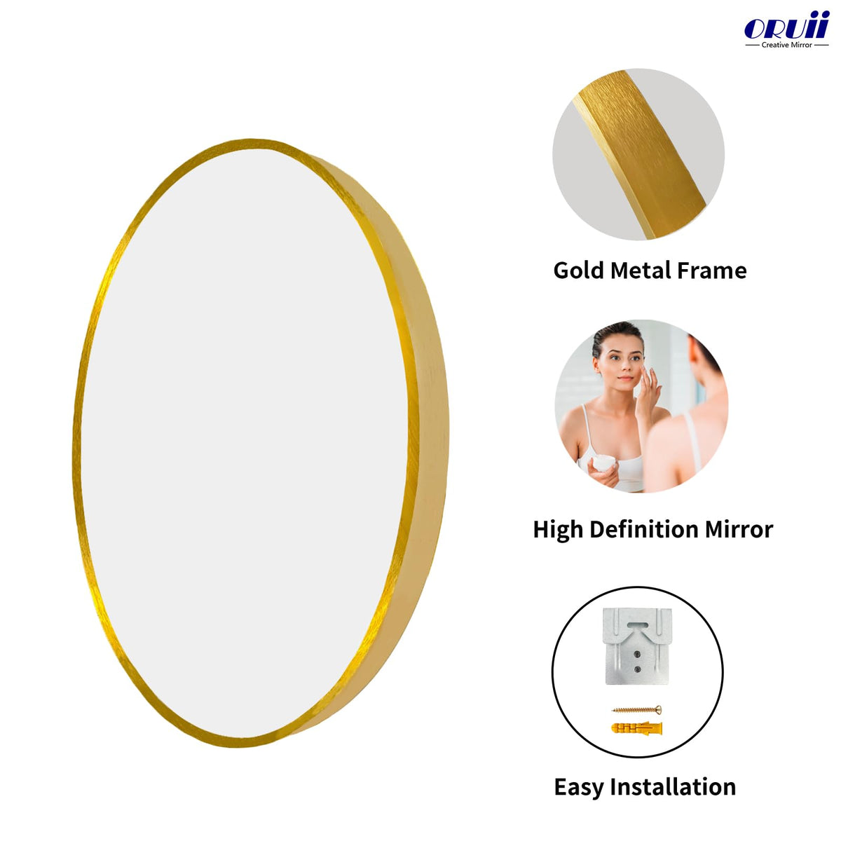 Round Mirror, 24 inch Glold Circle Mirror, Bruhsed Gold Metal Frame