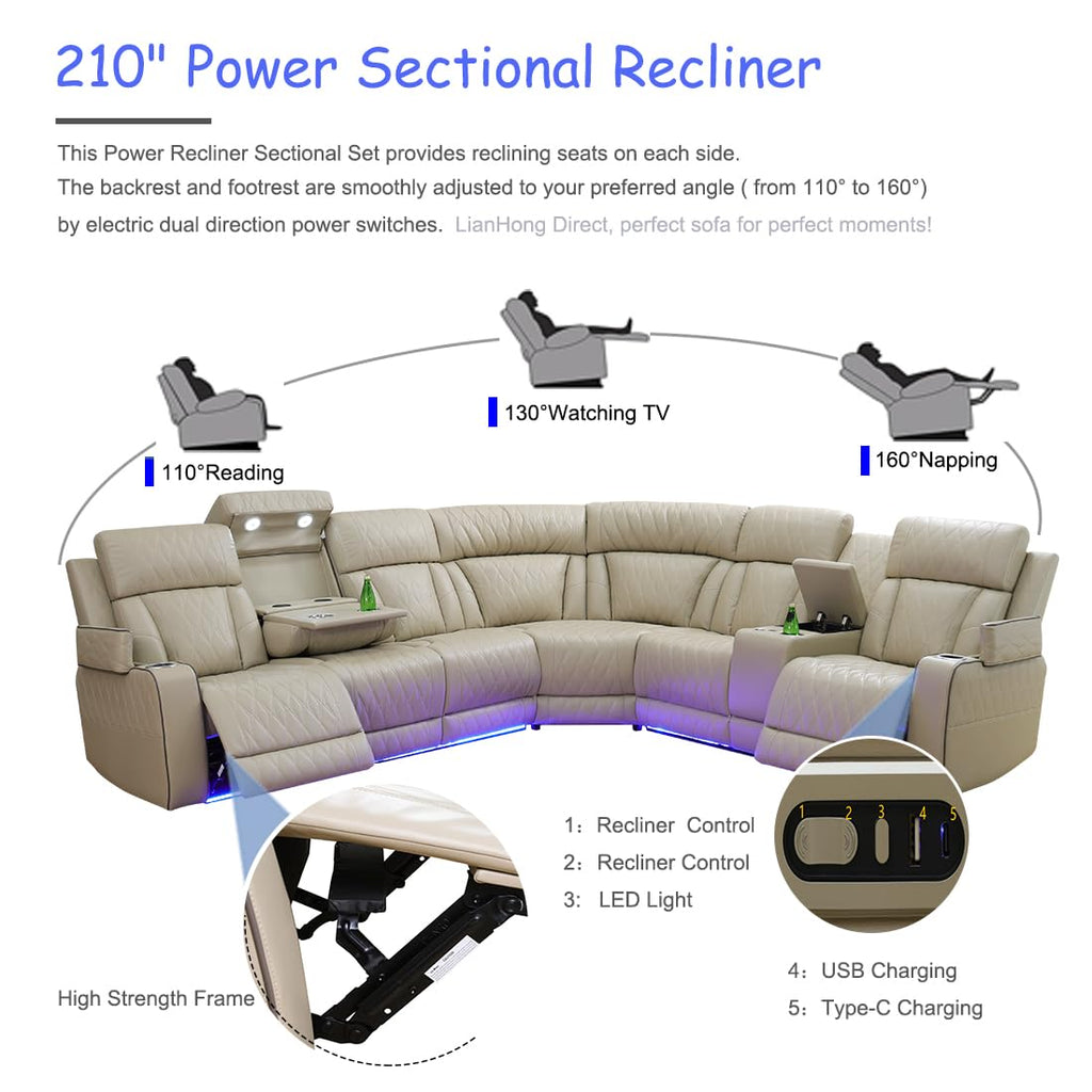 Brown Leather Recliner Sectional Couch with LED, Power Sectional Sofa and Loveseats, Power Recliner Sofa Set