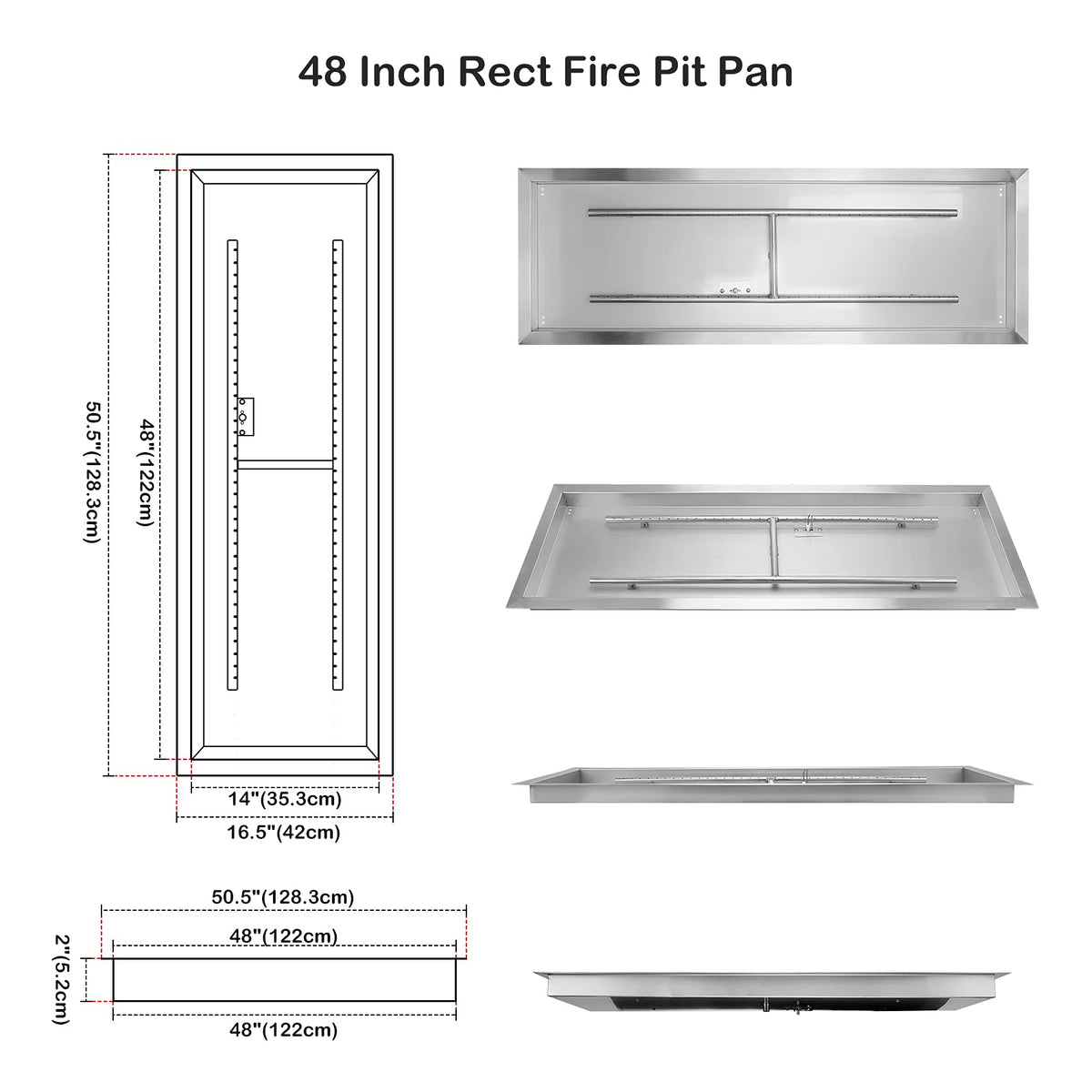 48 x 14 Inch Rectangle Drop-in Fire Pit H-Burner Pan
