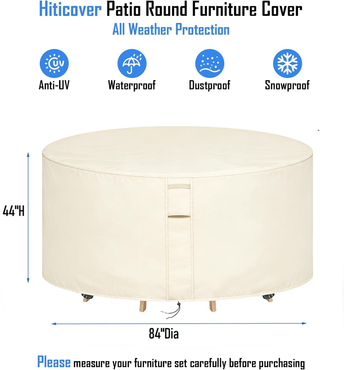 Round Patio Furniture Covers Waterproof, 84"Dia x 44"H, Beige