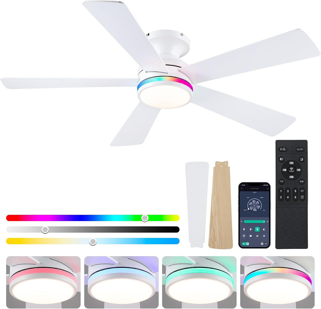 46" White Flush Mount Ceiling Fan with Light & Remote