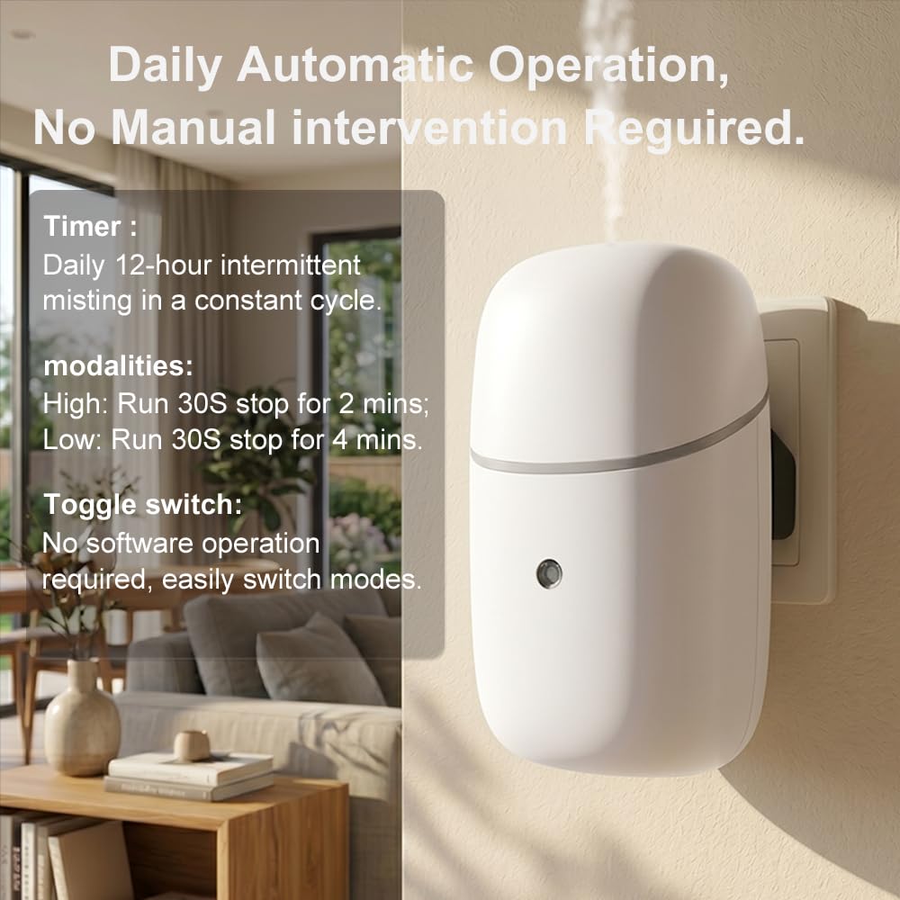Waterless Diffuser, Quiet Plug in Essential Oil Diffuser with Up to 600 sq ft, 12-Hour Timer, Low/High Fragrance Modes
