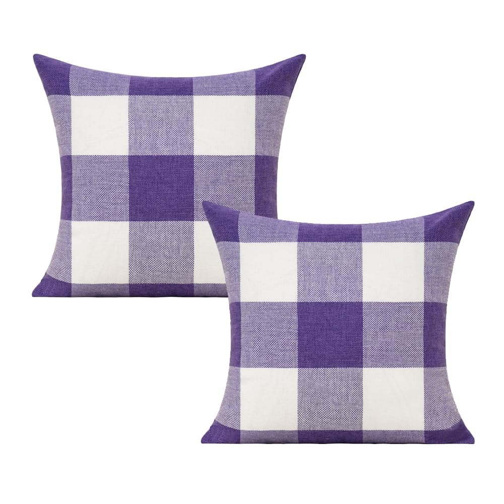 Purple Outdoor Farmhouse Buffalo Plaids Decorative Throw Pillow Covers Retro Checked Square Cushion Cases Classic