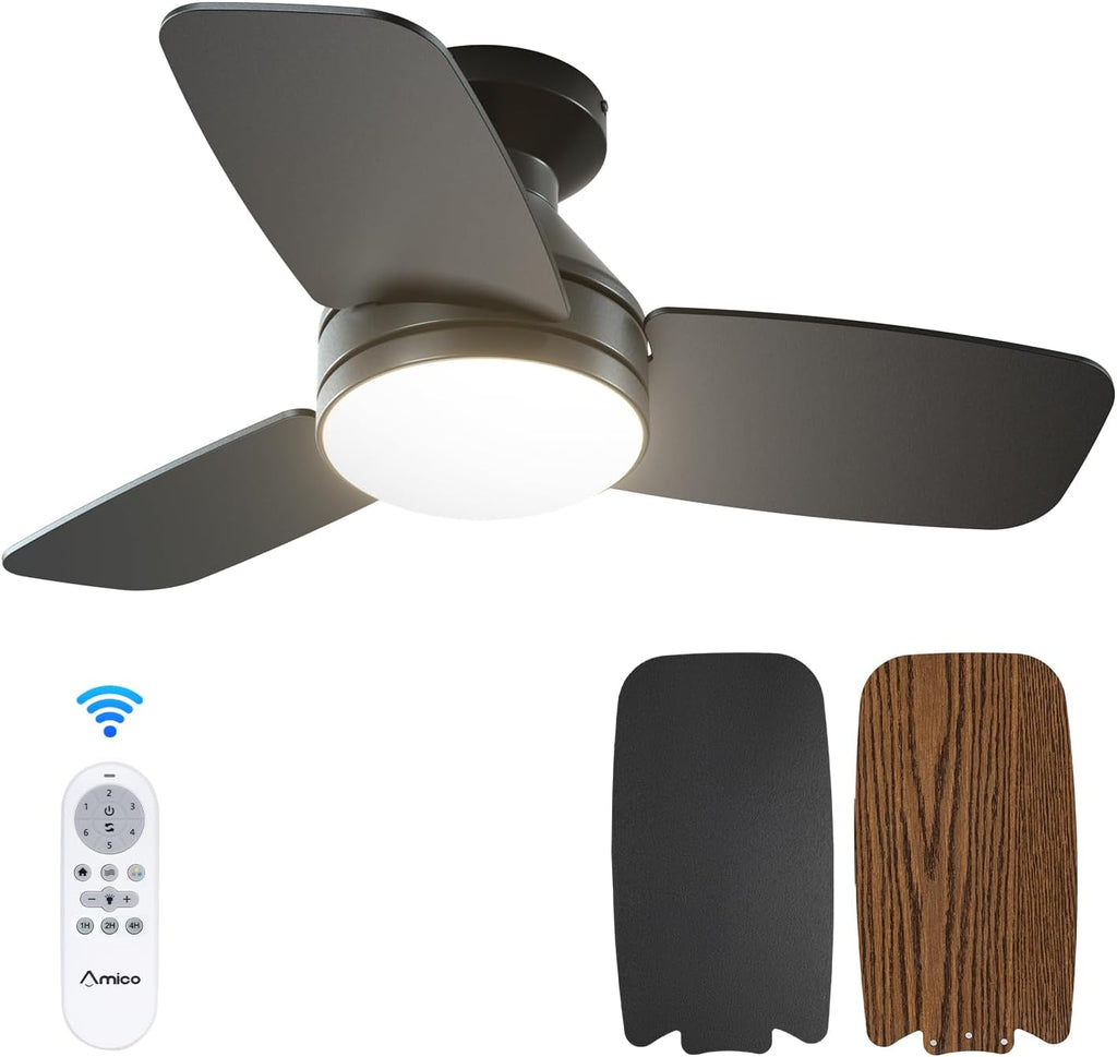 30" Black Indoor/Outdoor Flush Mount Ceiling Fan with Light & Remote