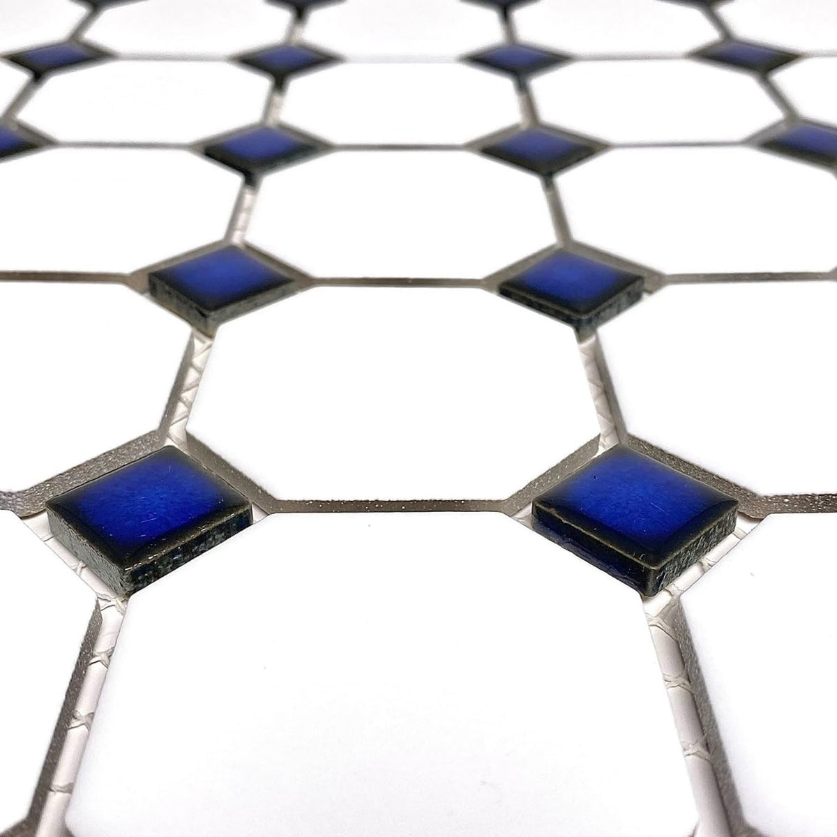 White Octagon Matte Porcelain Mosaic Tile with Blue Dots - 20 Sheets per Case for Floor, Wall, Backsplash, Bathroom