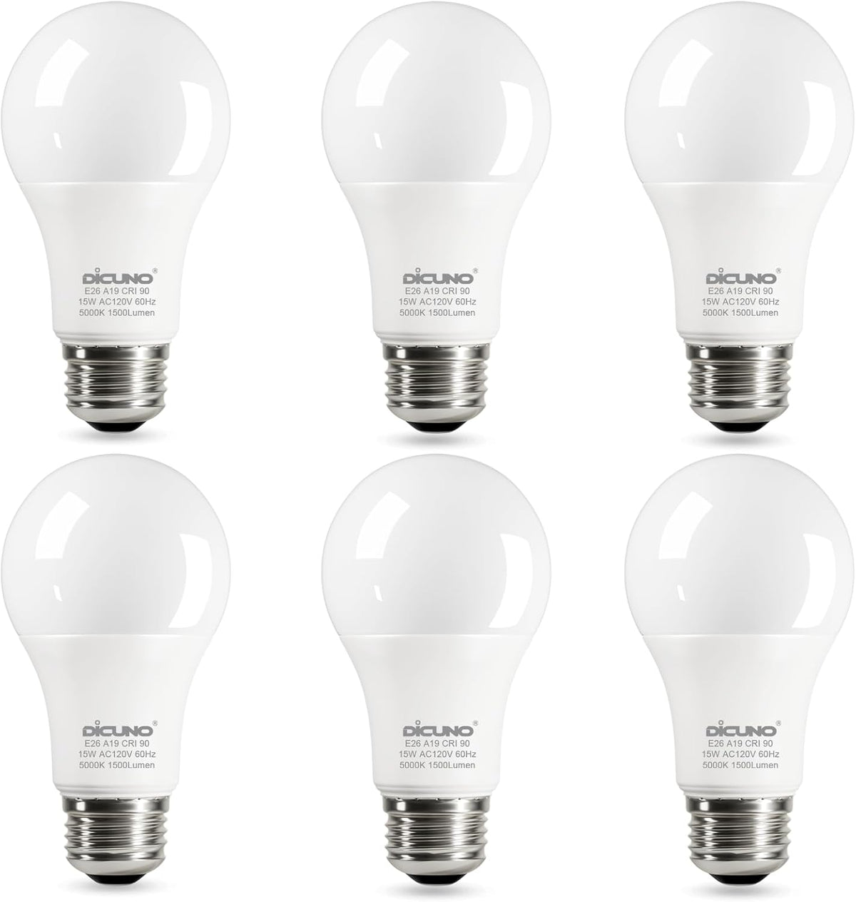 A19 LED Bulb 100W Equivalent, 1500 LM, Daylight White 5000K, 6-Pack
