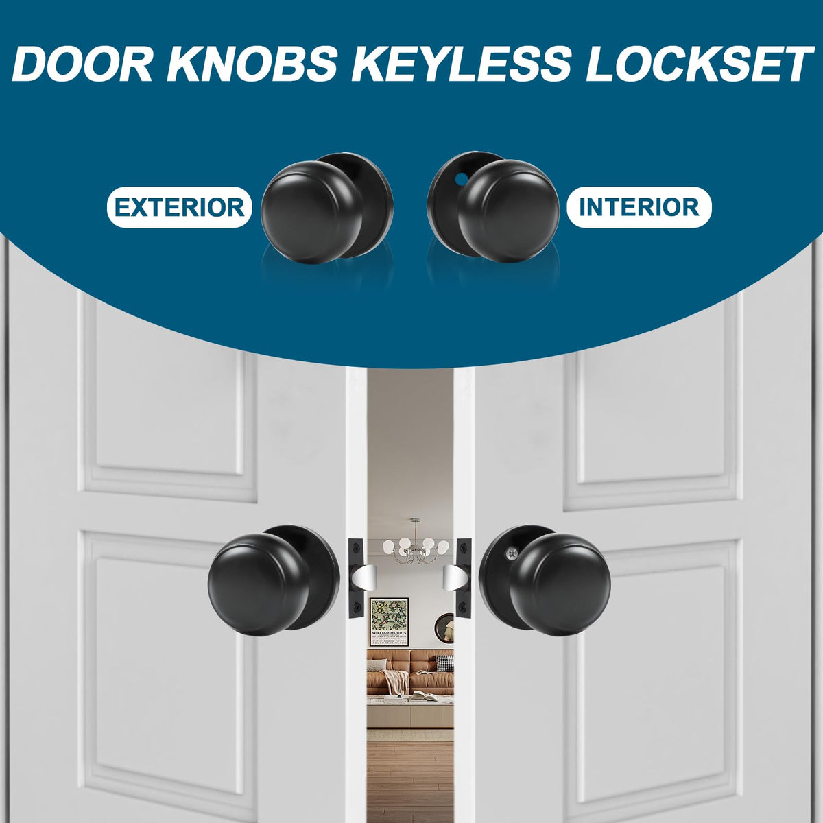 Passage Door Knobs, 5 Pack Matte Black Door Knobs, & Closet Non-Locking Interior Round Door Handles Keyless