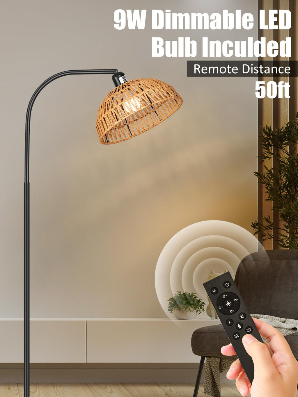 Boho Standing Lamp with Remote Control and Dimmable Bulb
