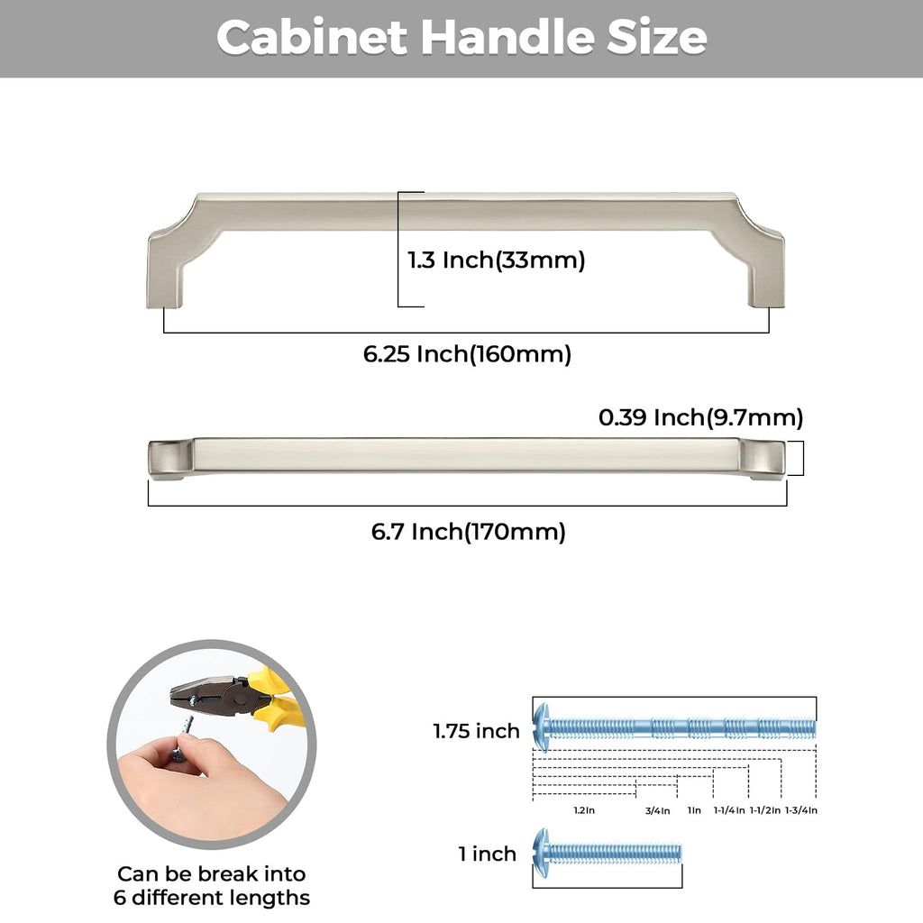2 Pack Brushed Nickel Cabinet Handles, 6-1/4" Solid Kitchen Drawer Pulls
