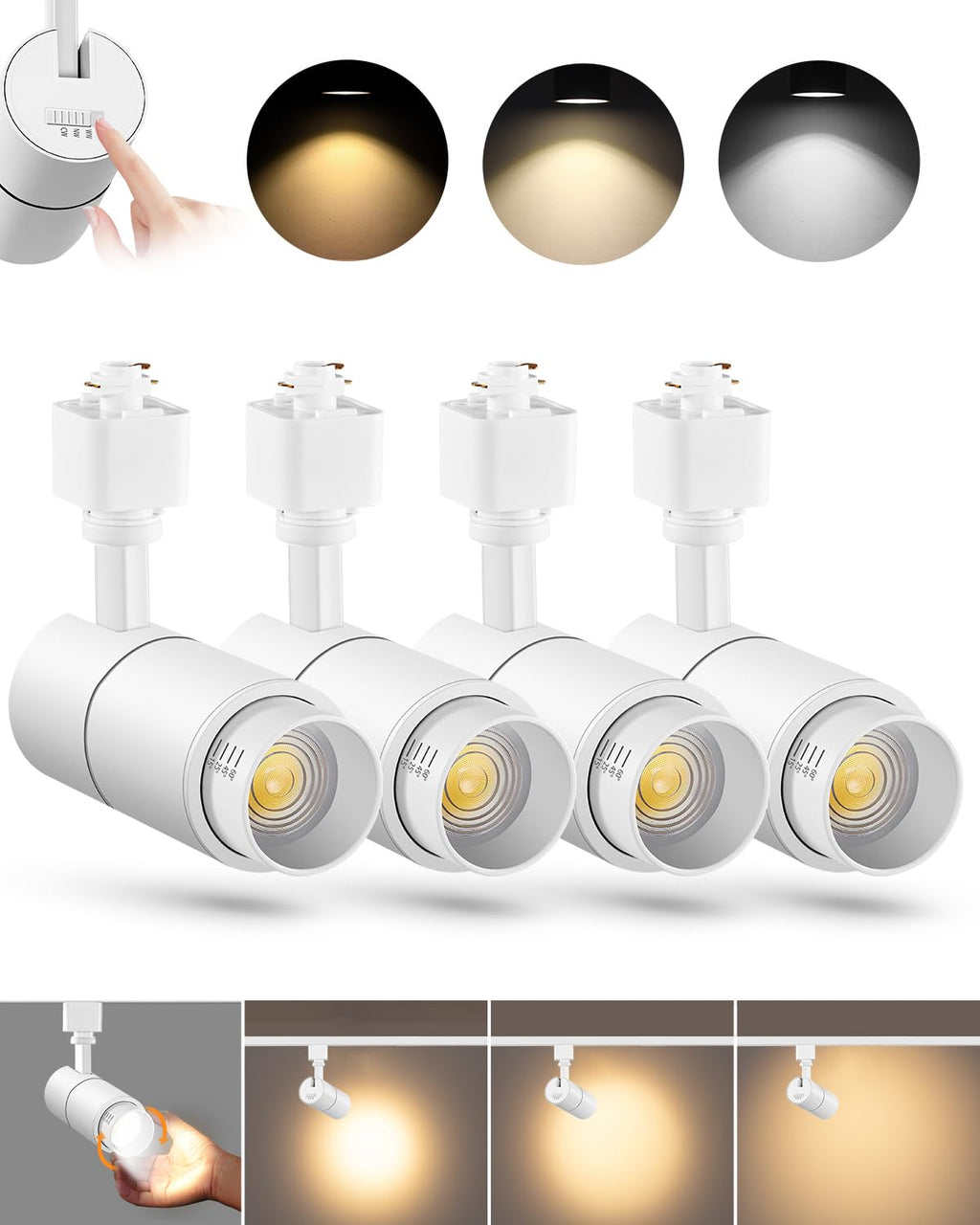 Zoomable 10W LED Track Lighting Heads H Type, White 4 Pack