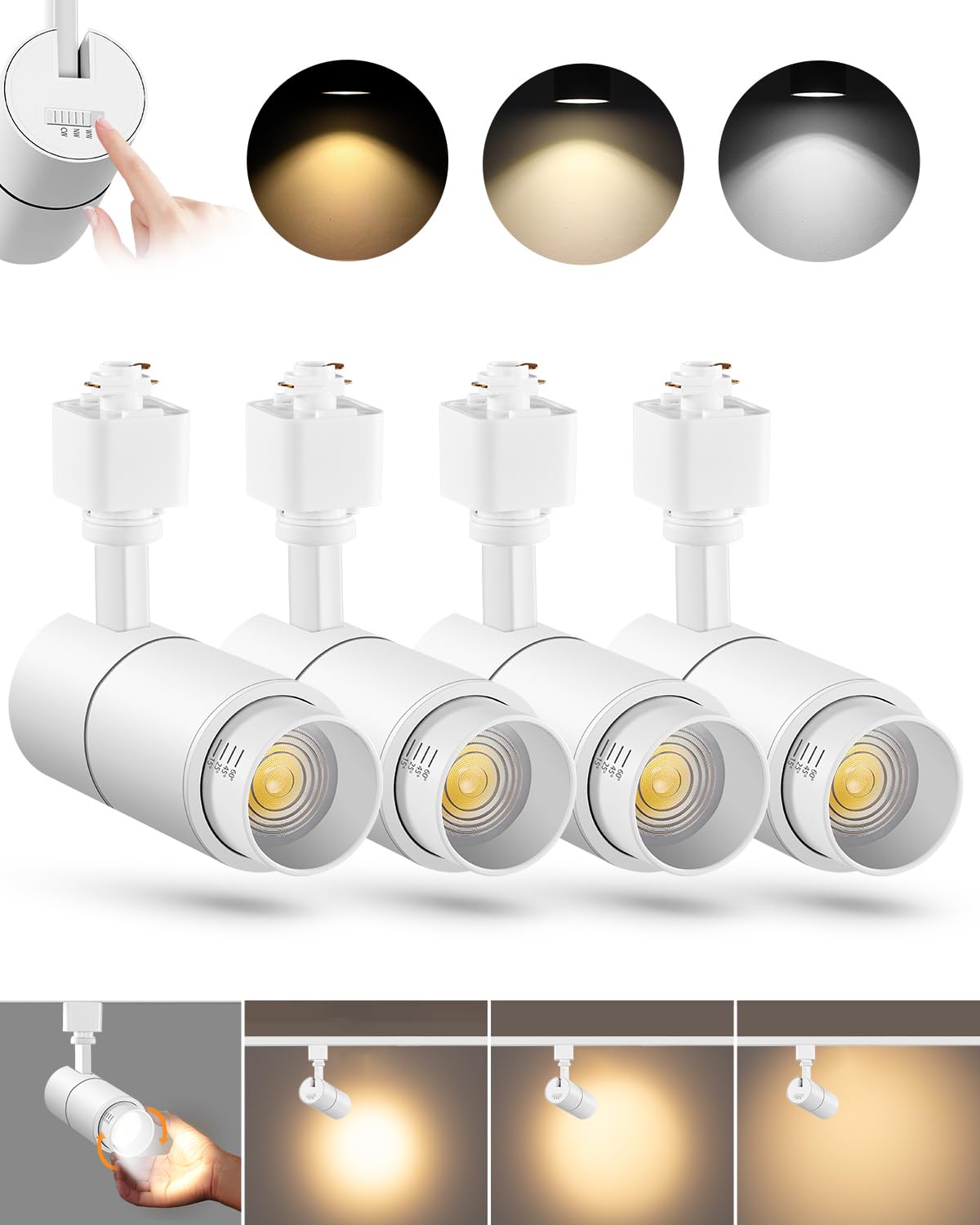Zoomable 10W LED Track Lighting Heads H Type, White 4 Pack