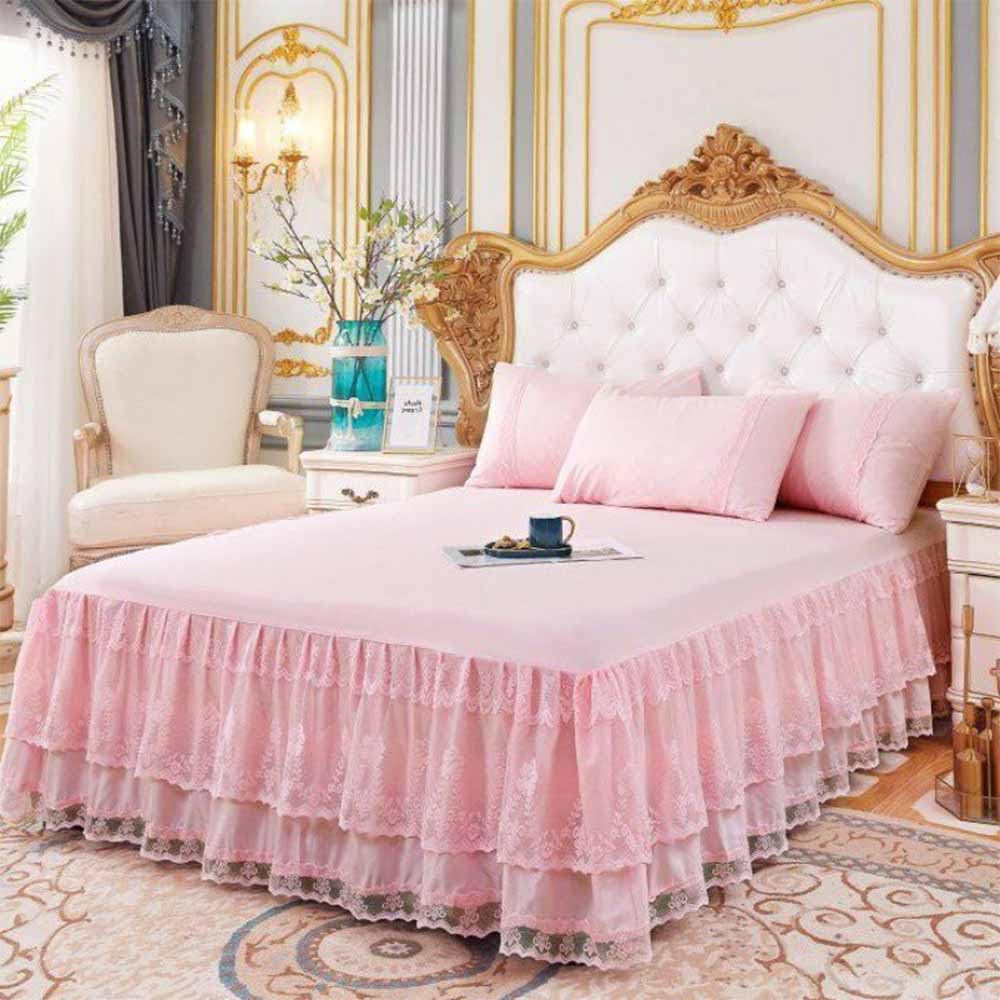 Double Lace Bed Skirt for Bed - 17in. Drop, Easy Fit Ruffle Bedskirt Wrap Around Bed Skirt, Anti Wrinkle & Fade