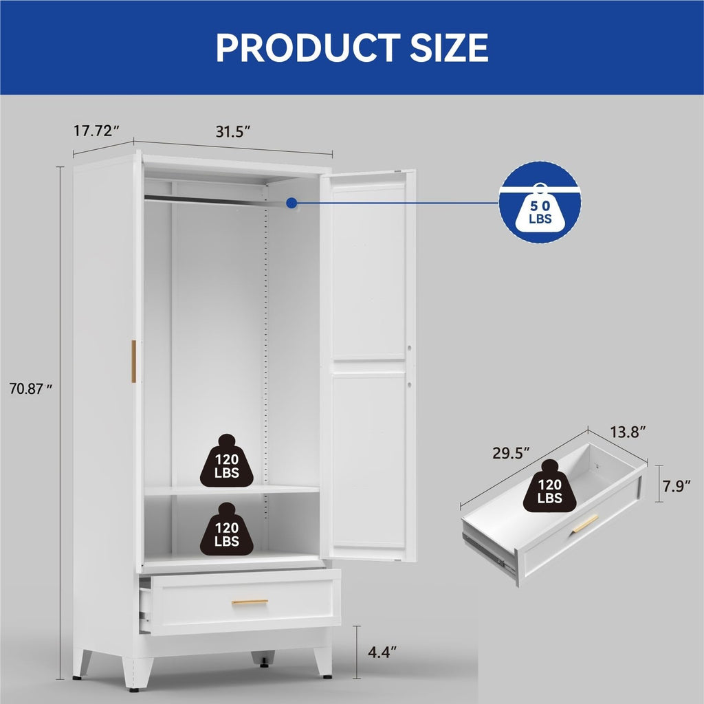 Metal Armoire Wardrobe Closet with Drawer, 71'' Tall Farmhouse Bedroom Armoires with Doors and Hanging Rod