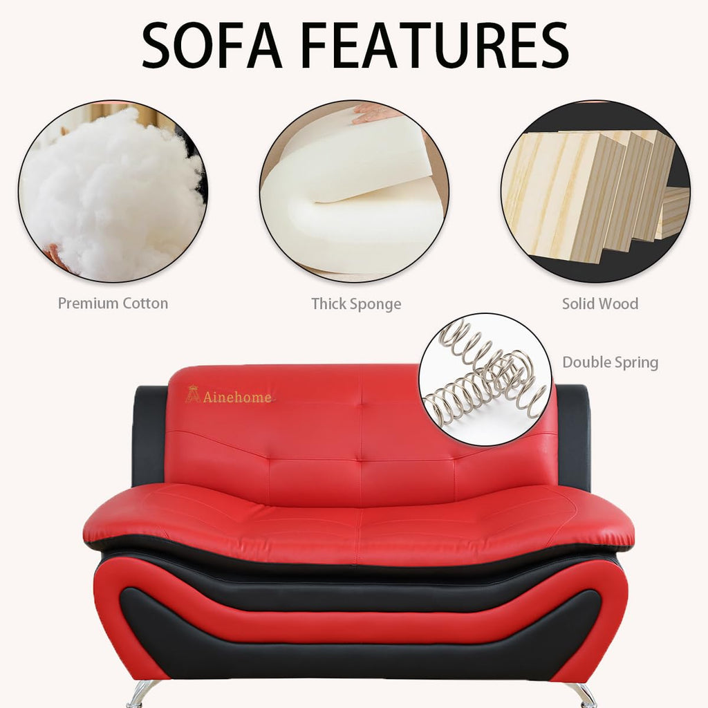 Sectional Sofa Set, Modern Faux Leather Living Room Furniture - 6-Seat Sofa & Loveseat & Chair (C-red/Black)