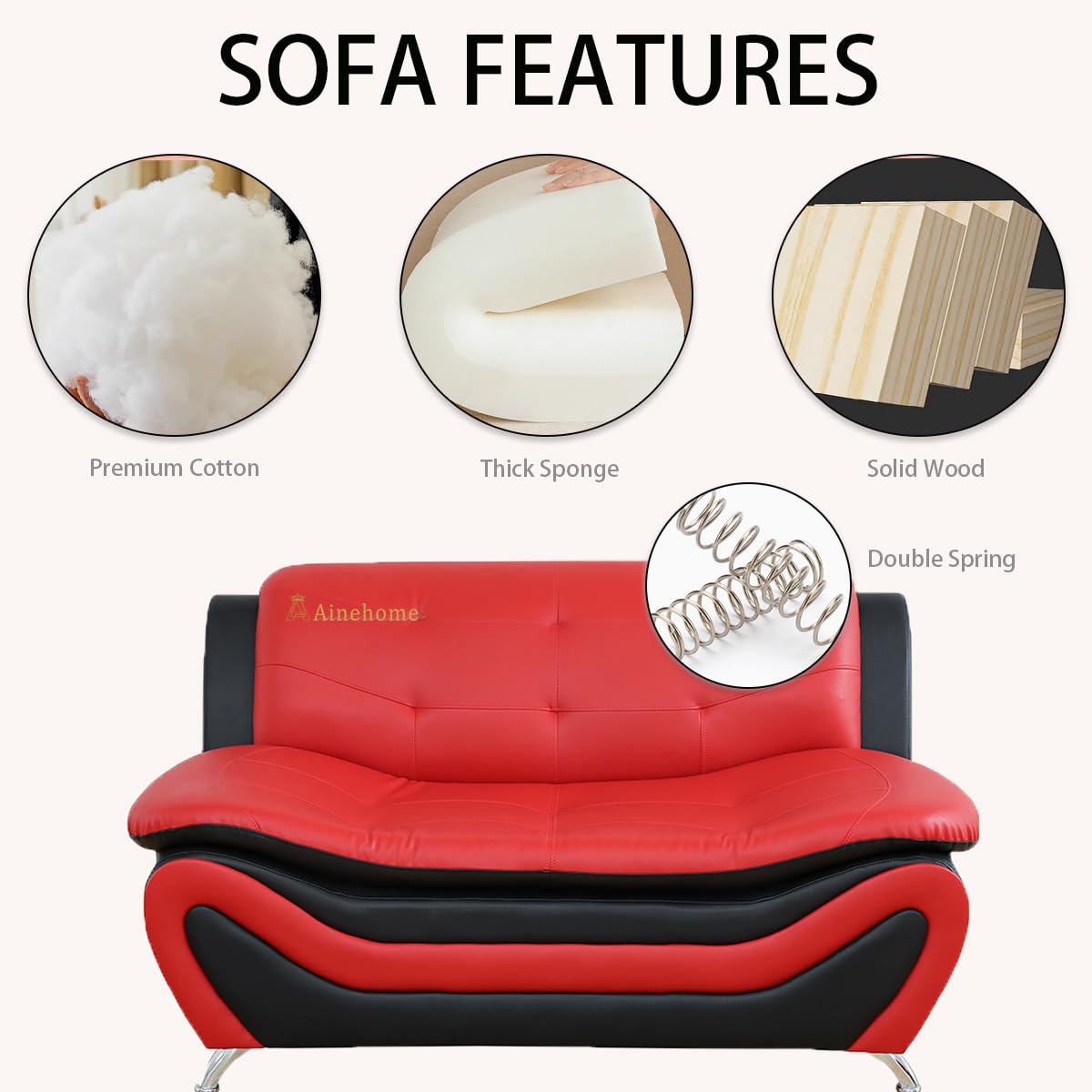 Sectional Sofa Set, Modern Faux Leather Living Room Furniture - 6-Seat Sofa & Loveseat & Chair (C-red/Black)