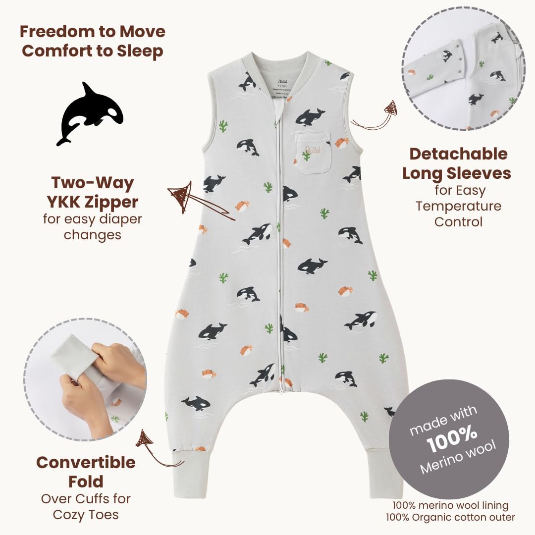 Merino Wool Organic Cotton Toddler Sleep Sack with Feet, Year-Round Removable Sleeves Wearable Blanket