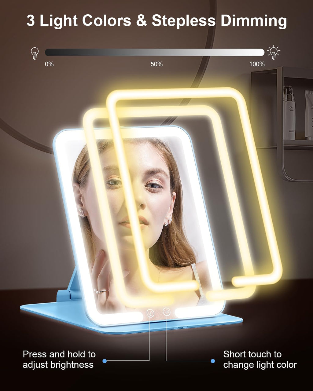 Travel Makeup Mirror with 3 Lights and Magnification 10X
