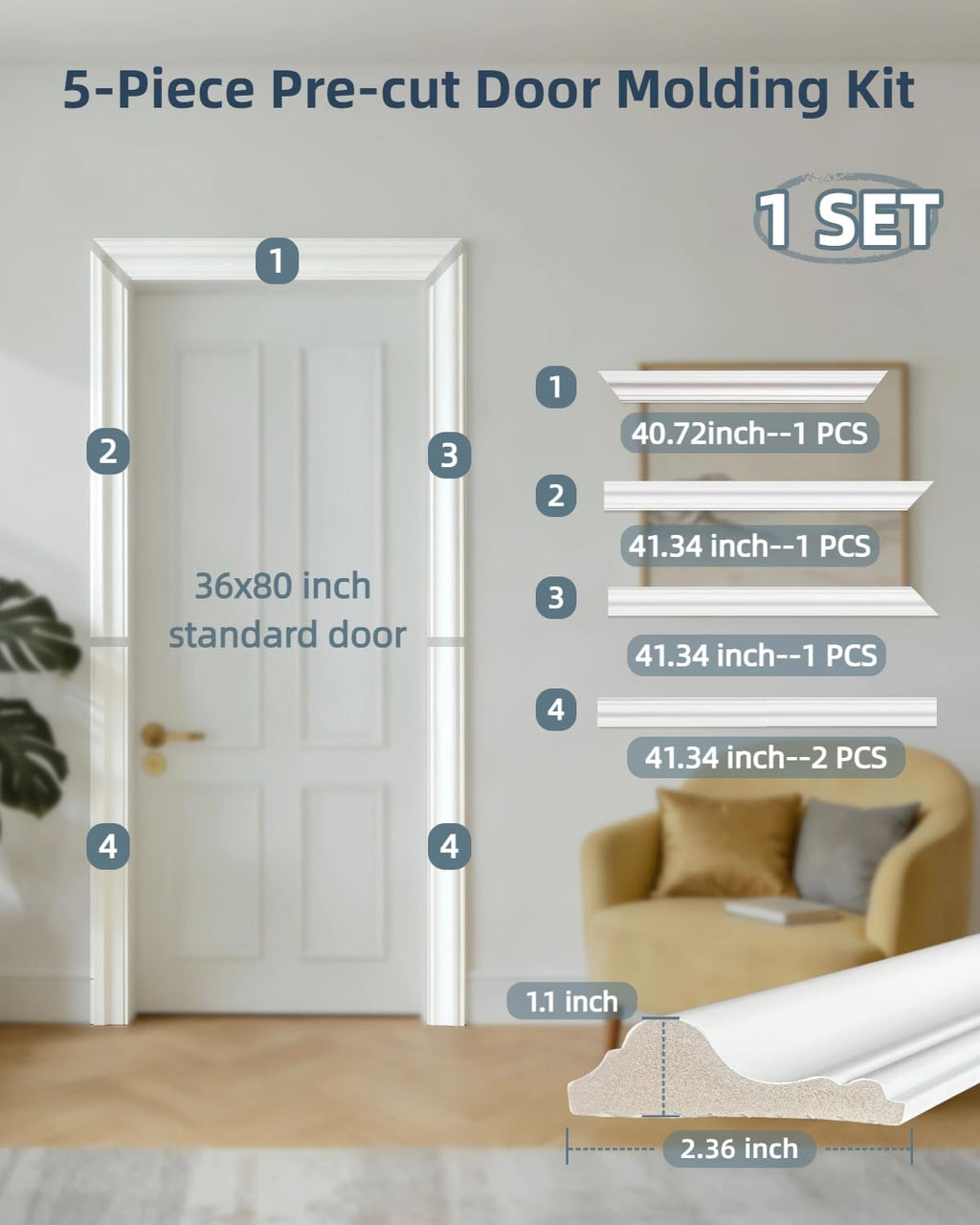 Door Trim Moulding Peel and Stick, 1 Set 2.36 Inch White (36" × 80")