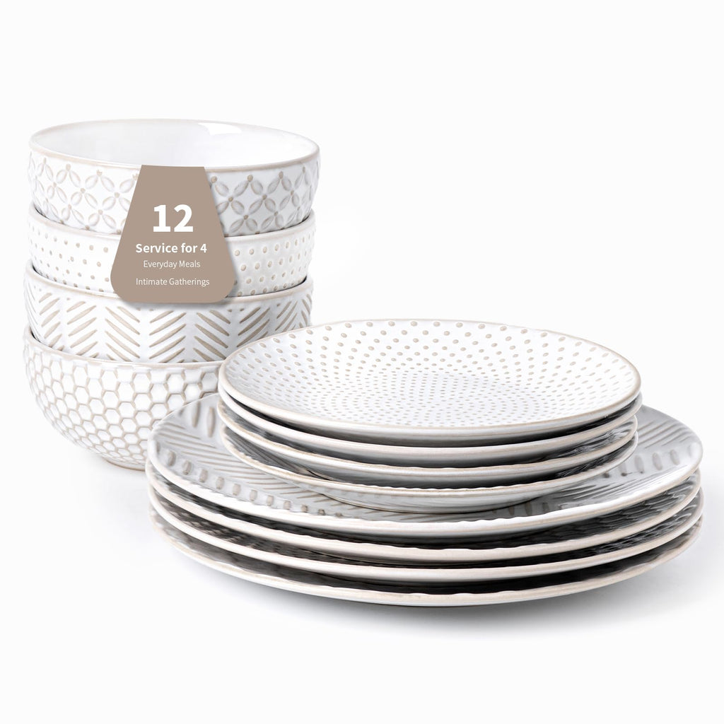 12 Piece Dinnerware Sets for 4, Premium Stoneware Plates and Bowls Sets of 12 with soup bowls, Microwave & Dishwasher