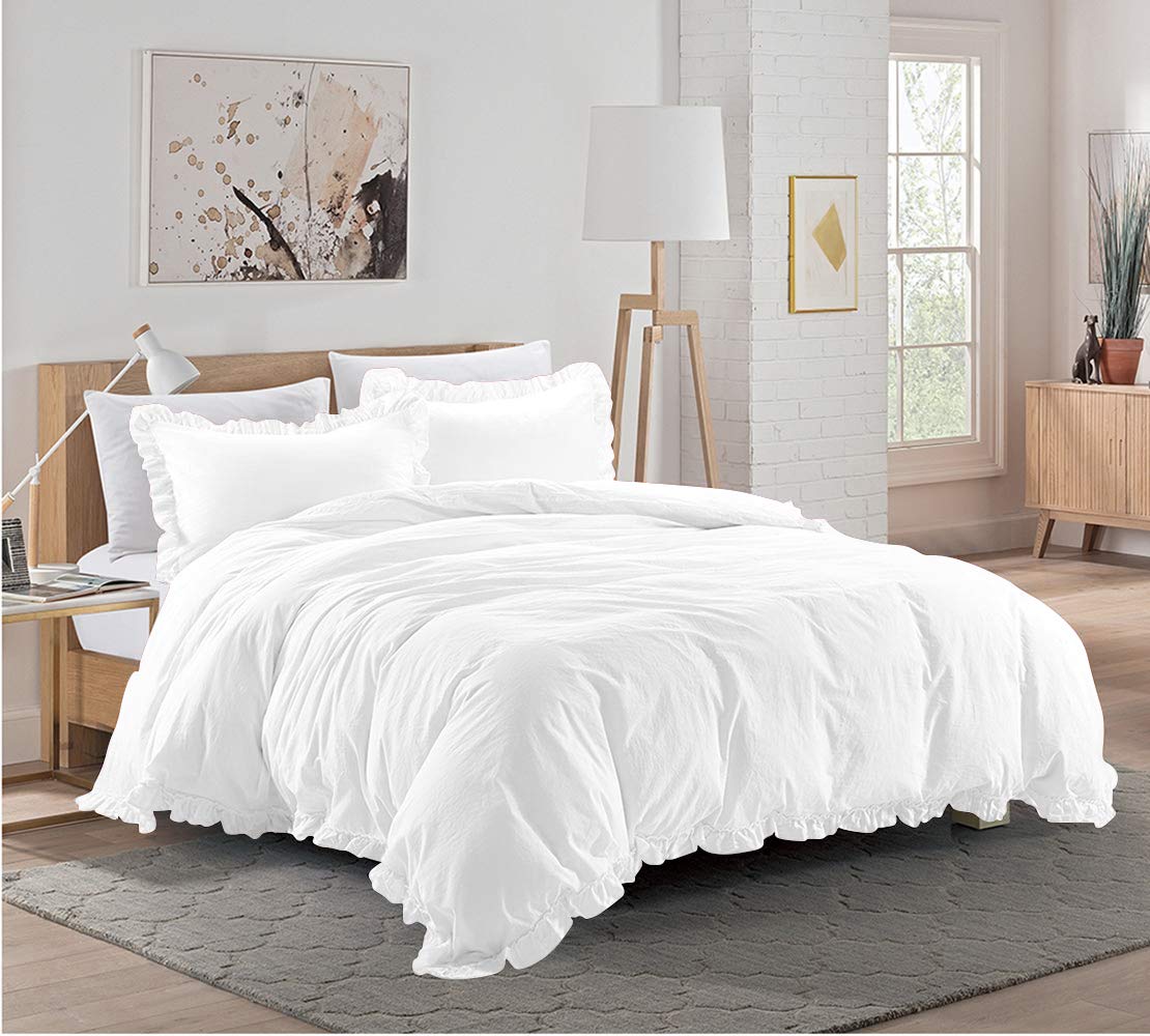 3 Pieces Ruffle Duvet Cover Set with Zipper Closure, 100% Egyptian Cotton 1000 Thread Count (Full/Queen, White)