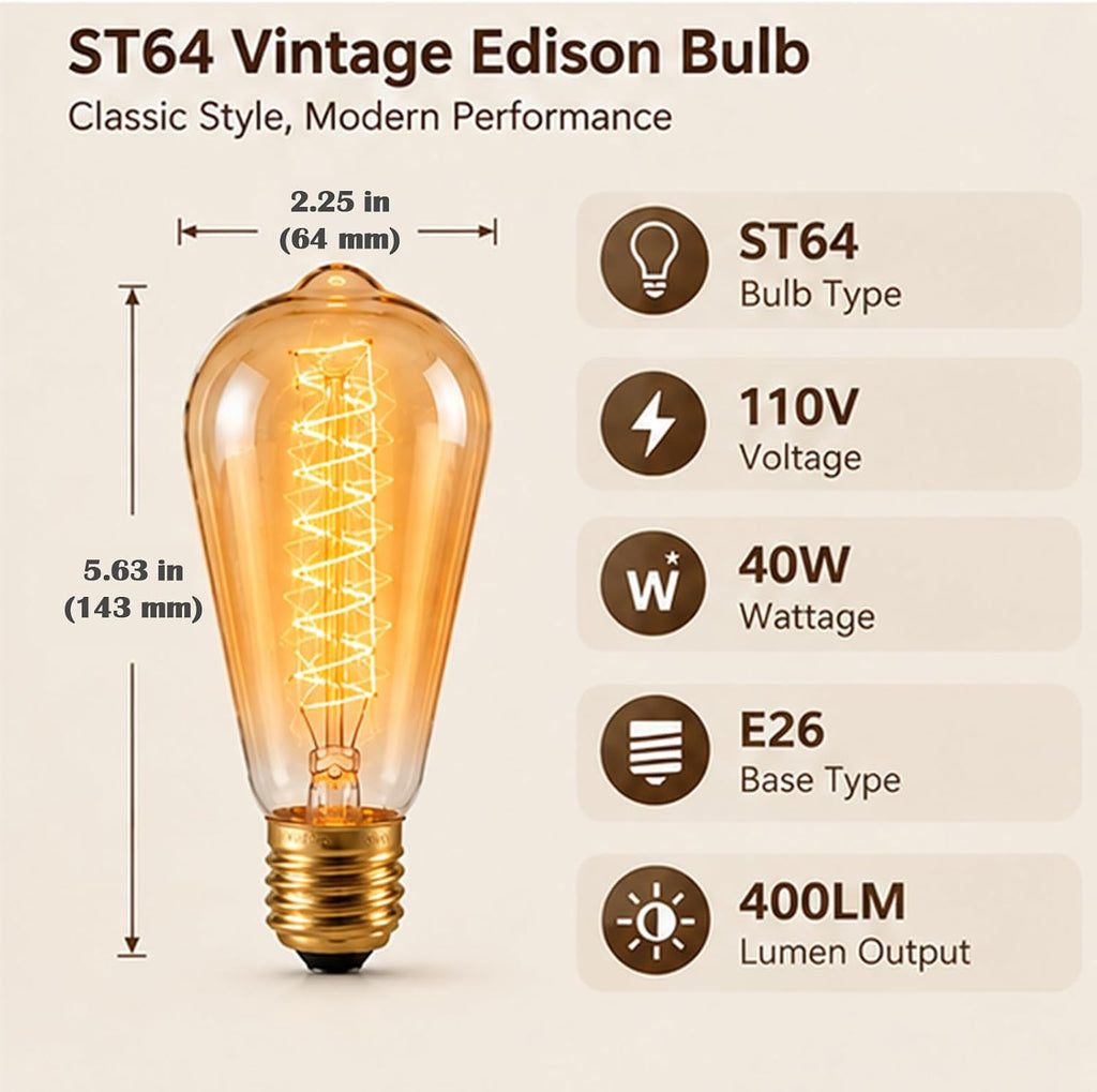 ST64 Vintage Filament Light Bulbs 40W 2700K, Pack of 6