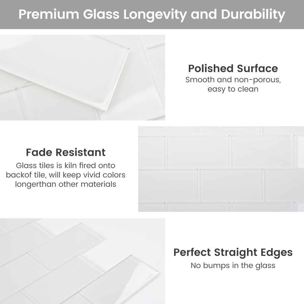 Glass Subway Tile 3 x 6 Inch White Backsplash Bathroom Wall Pack of 32 Sheets