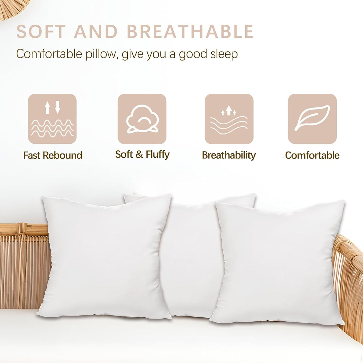 Throw Pillows Insert, White 18x18in Pillow Inserts with 100% Cotton Cover,Bed and Couch Decorative Stuffer - Set of 2