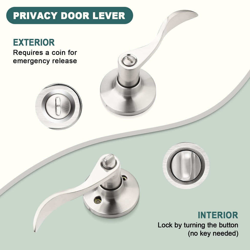 10 Pack Privacy Door Levers Bedroom Door Handle with Lock Satin Nickel Interior Door Handles Keyless Door Lock Wave