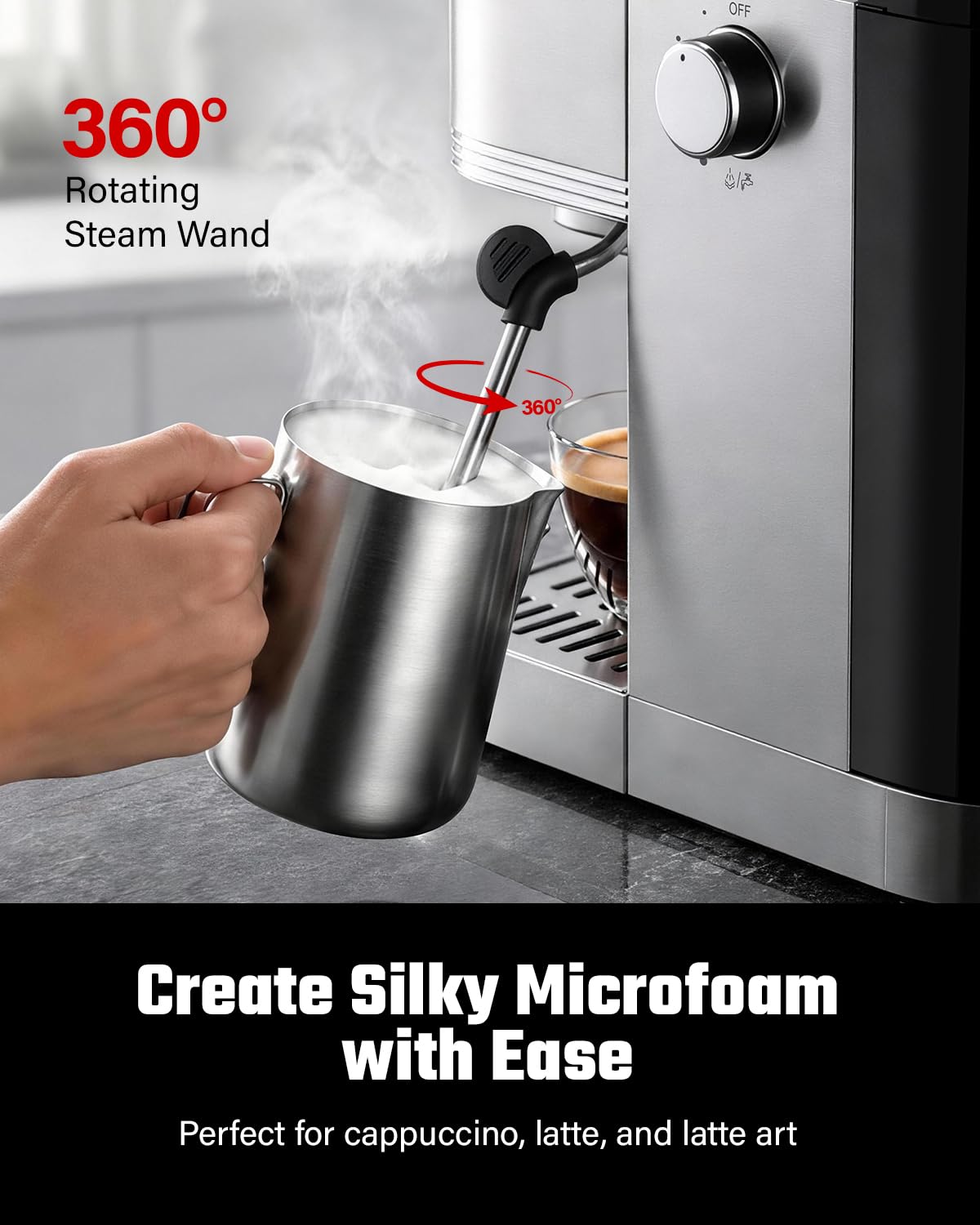 Espresso Coffee Machine 20 Bar with Milk Frother, Stainless Steel