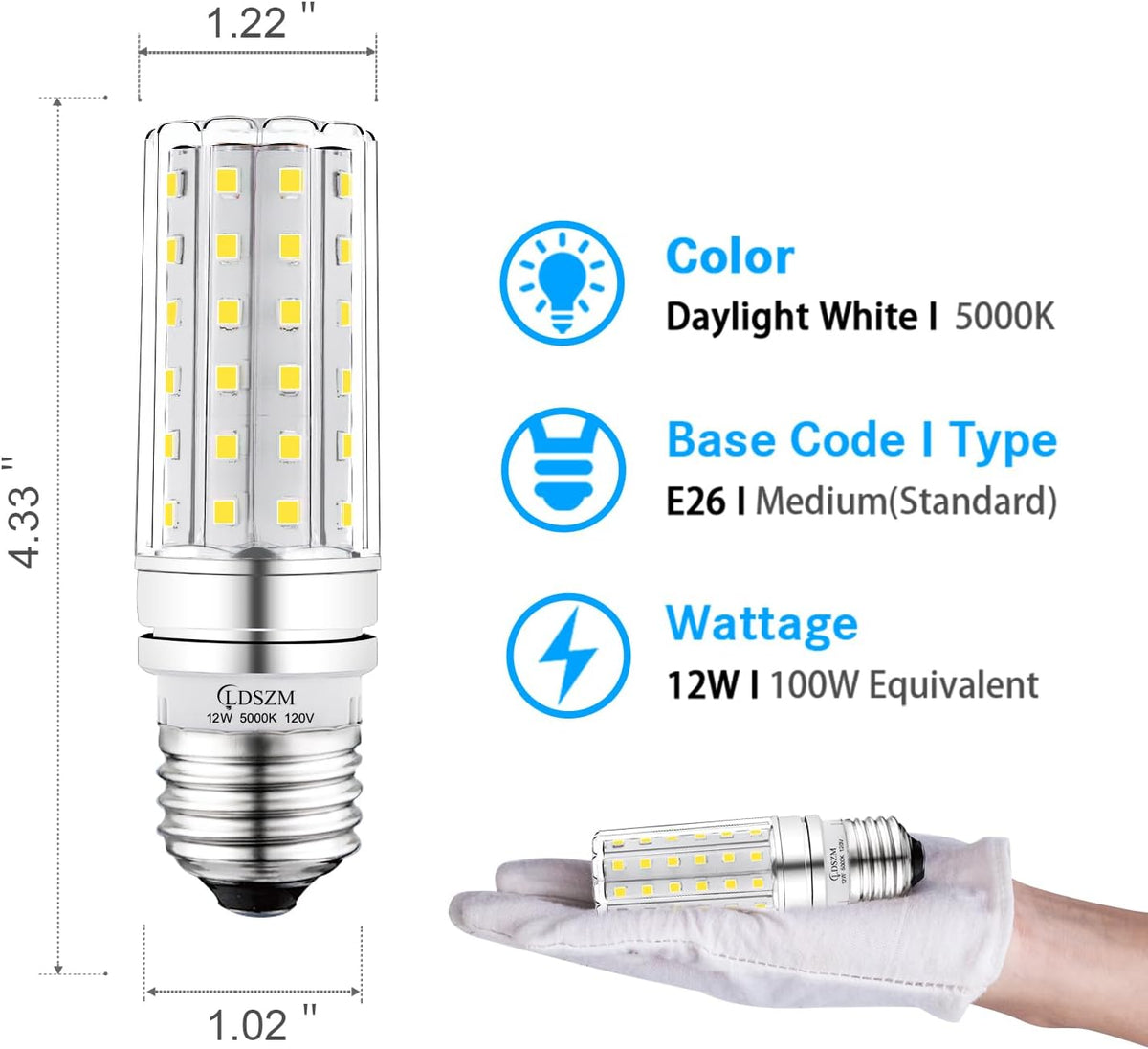 E26 LED Bulb 12W, 100W Equivalent, 1200 Lumen, 5000K Cool Daylight, Non-Dimmable Tubular Corn Light Bulb for Ceiling