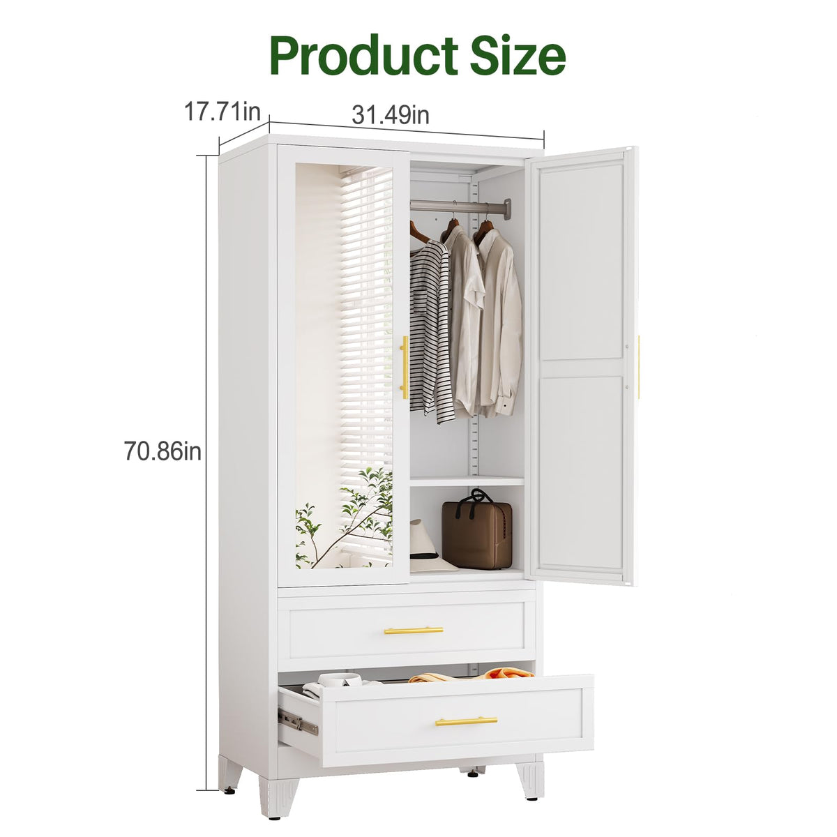 Metal Armoire Wardrobe, 71" Tall Bedroom Closet with Mirror and 2 Drawers