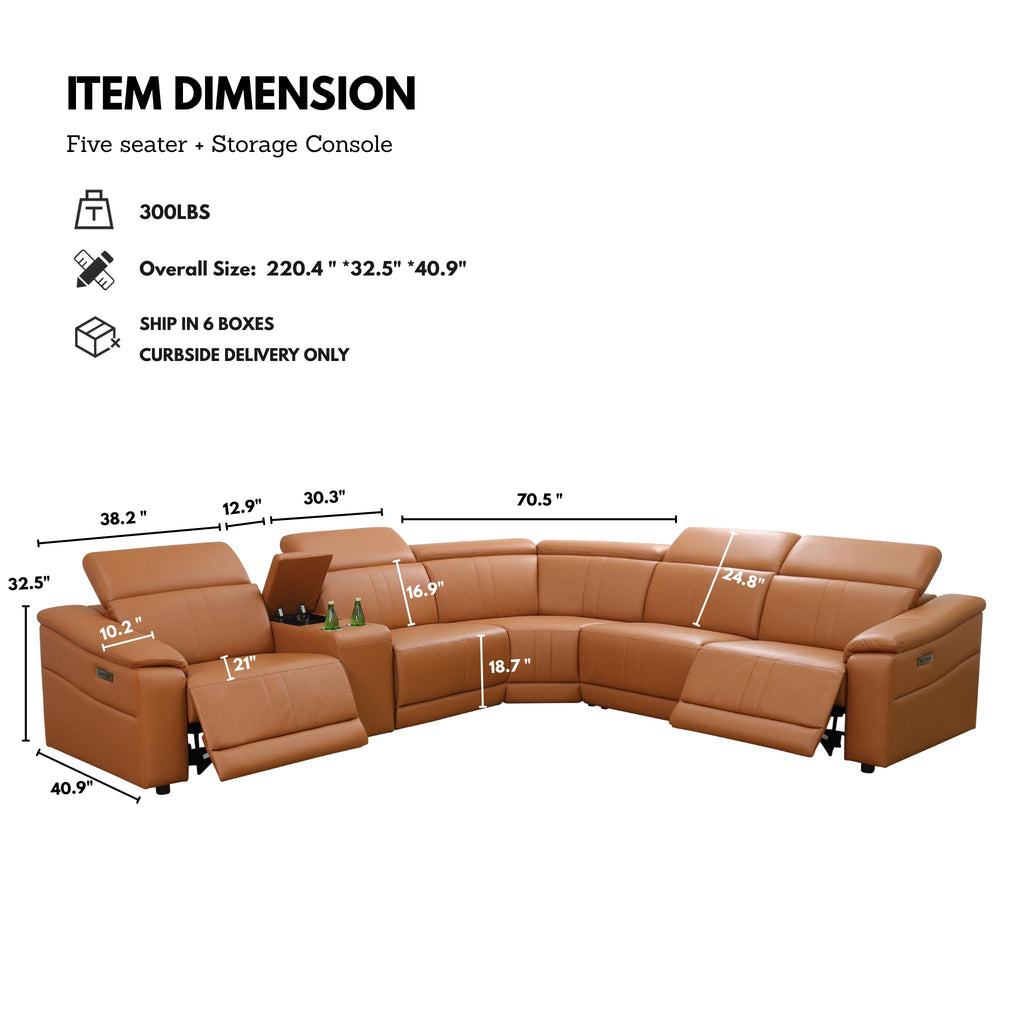 Breathing Leather Recliner Sectional Sofa, 5-Seat Power Reclining Sectional Couch with Adjustable Headrest&Storage