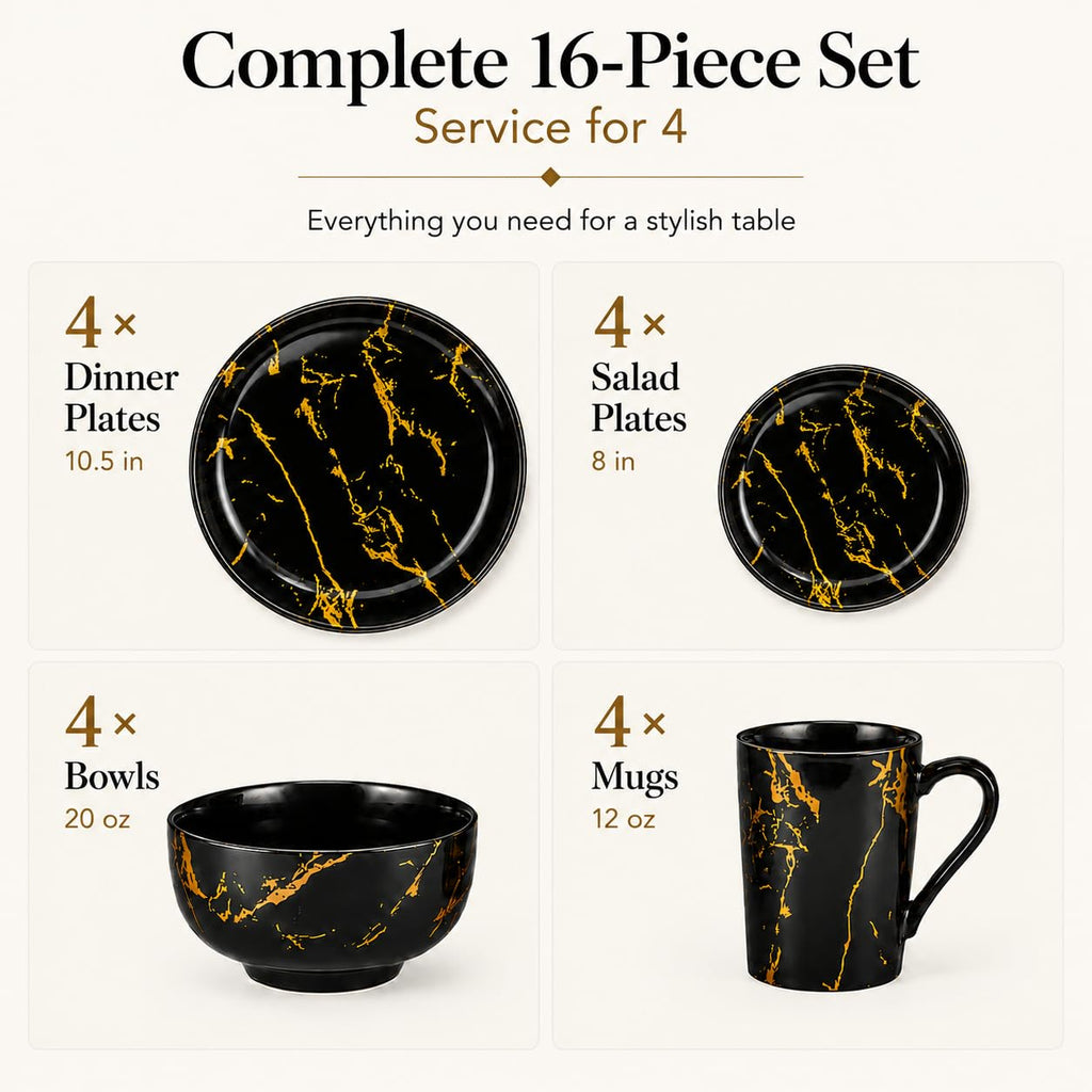 Black and Gold Marble Dinnerware Set for 4, 16-Piece Porcelain