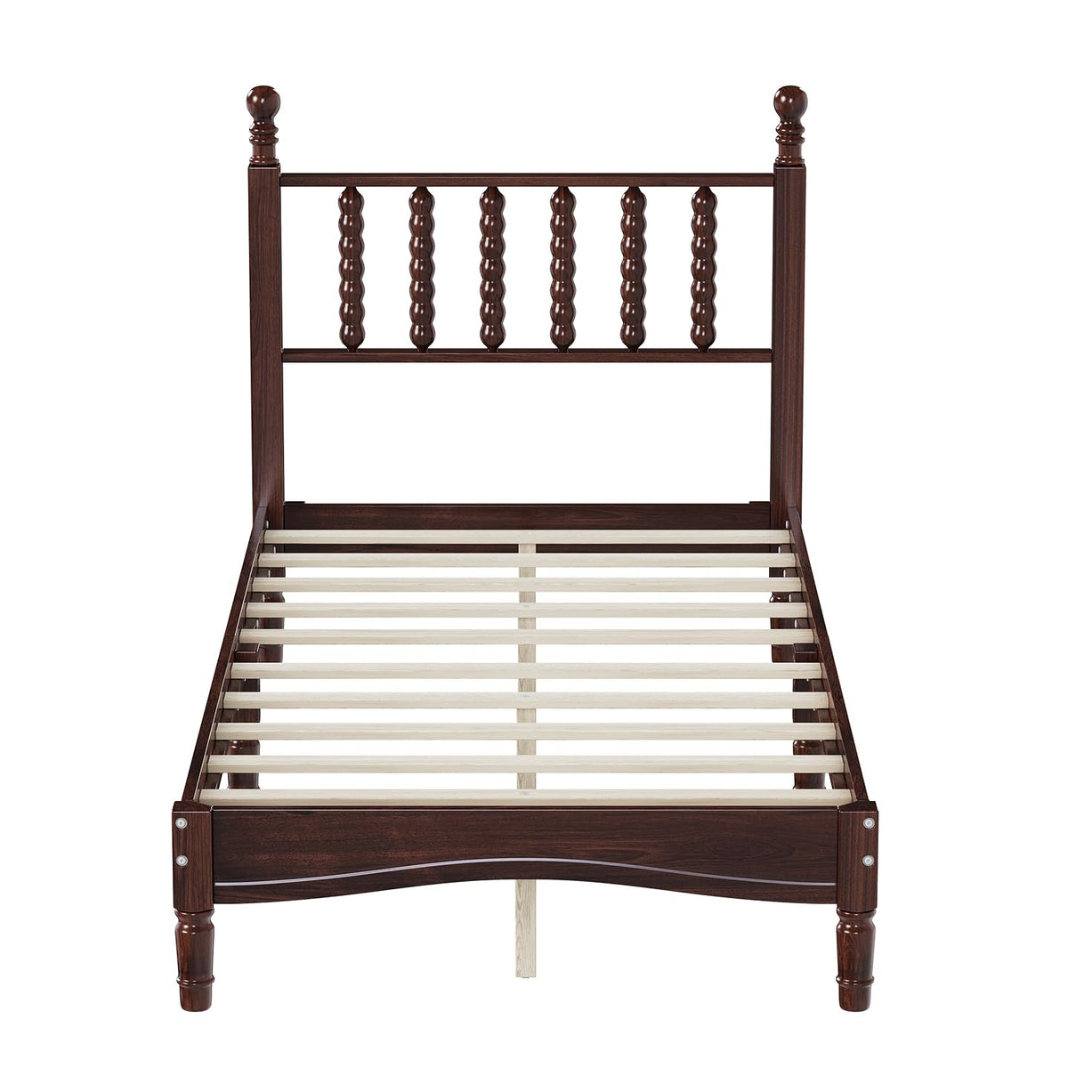 Walnut Wood Bed Frame Traditional with Spindle Headboard, Vintage Platform Bed Frames, Retro Bedframe