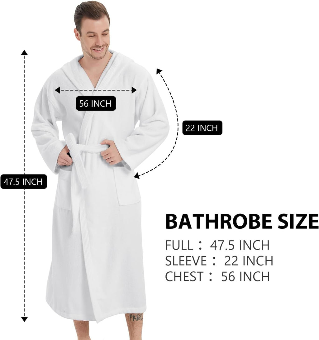 Men's Bathrobes with Hood, 100% Cotton Terry Bath Robe, Soft Long Shower Towel Robe for Men with Pockets