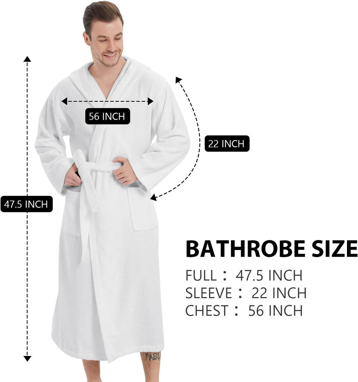 Men's Bathrobes with Hood, 100% Cotton Terry Bath Robe, Soft Long Shower Towel Robe for Men with Pockets