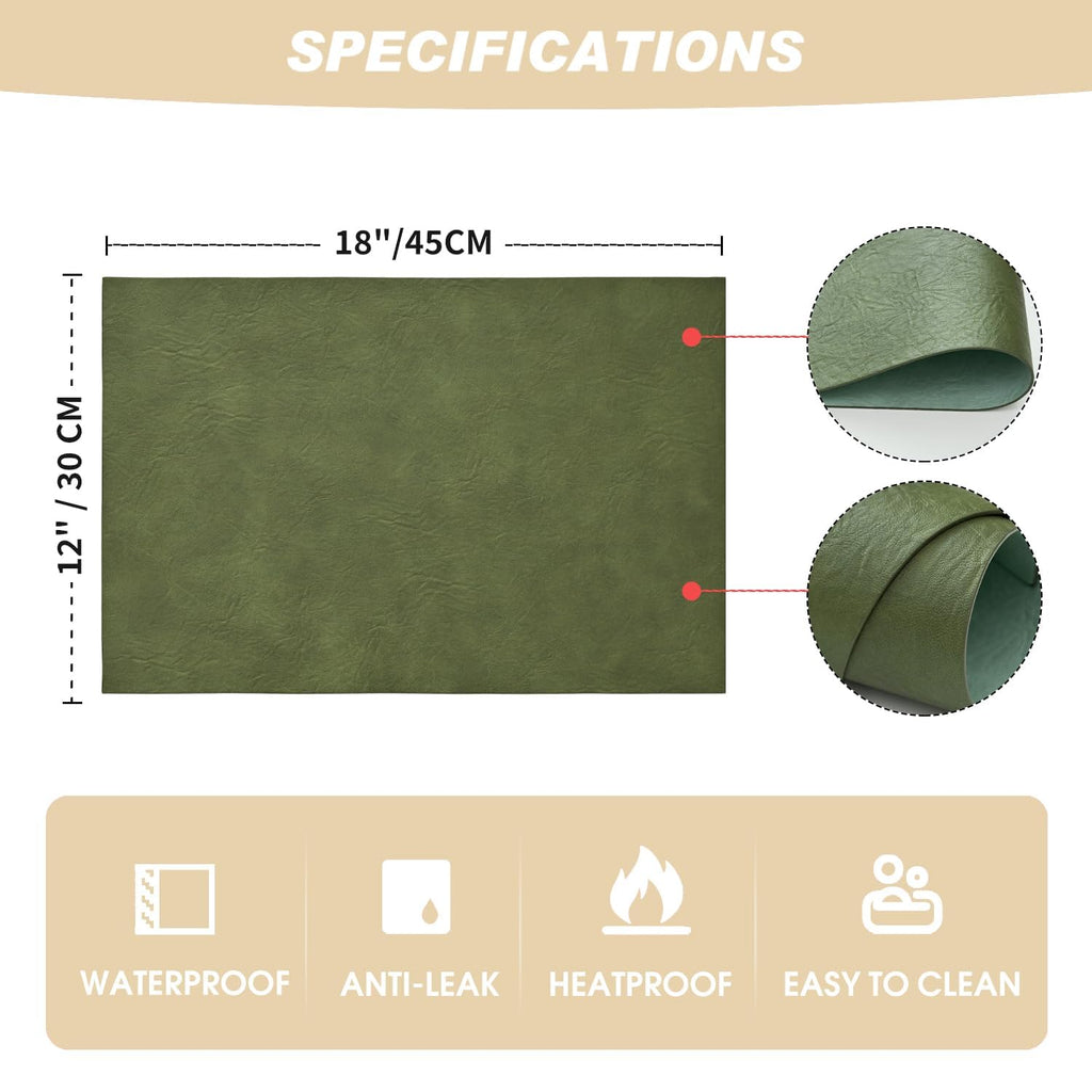 Olive Green Faux Leather Placemats Set of 6, 12x18 Inch Waterproof Wipeable Heat Resistant Vinyl Place Mats
