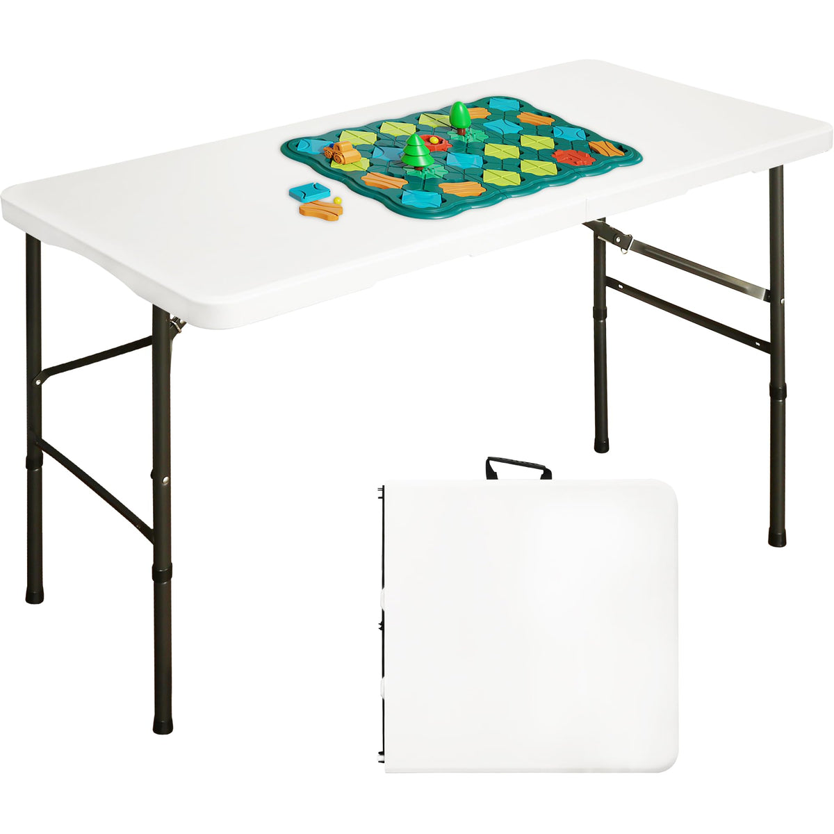 4ft Portable Folding White Event Table, Plastic Pinic Camping Table wiht 2 Adjustable Heights, Indoor Outdoor Heavy