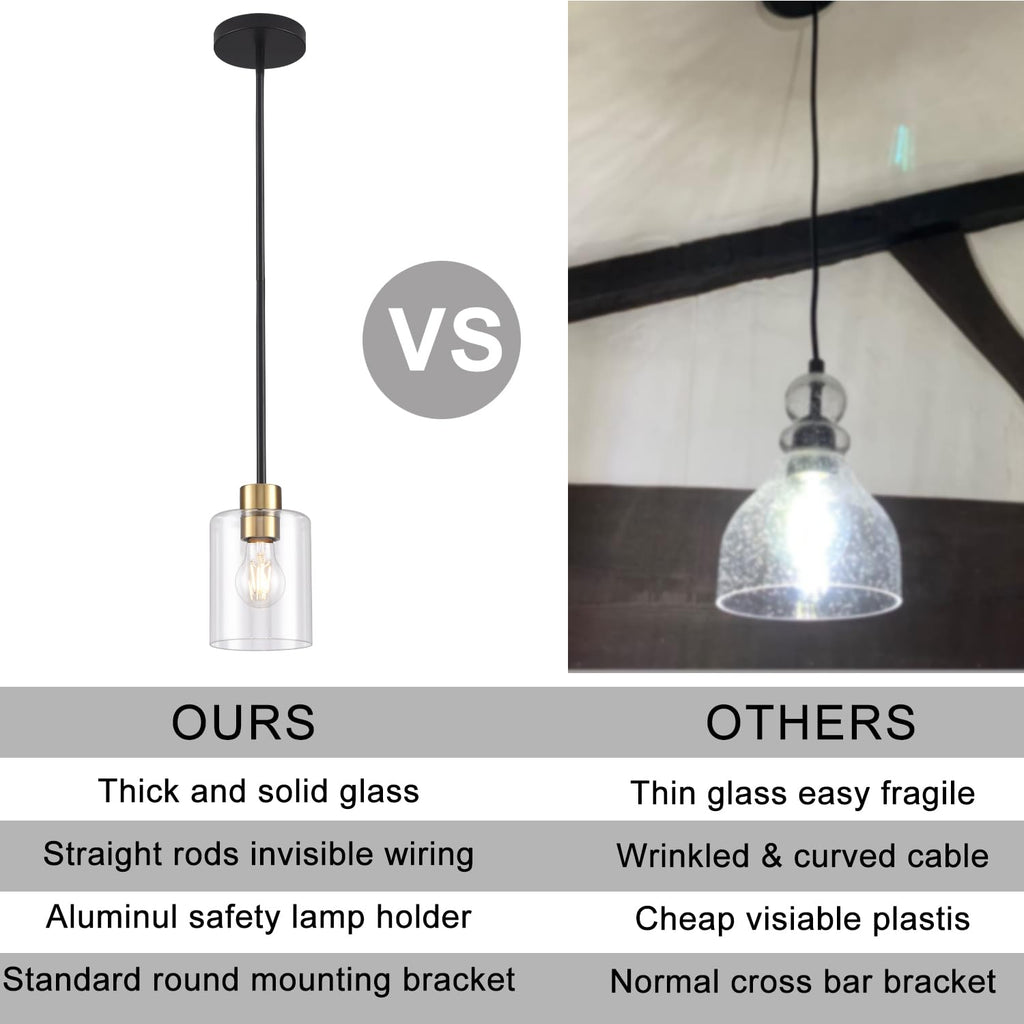 3 Pack Black Gold Pendant Lights Island, Brushed Brass Modern Hanging Light with Clear Glass Shade, Adjustable Metal